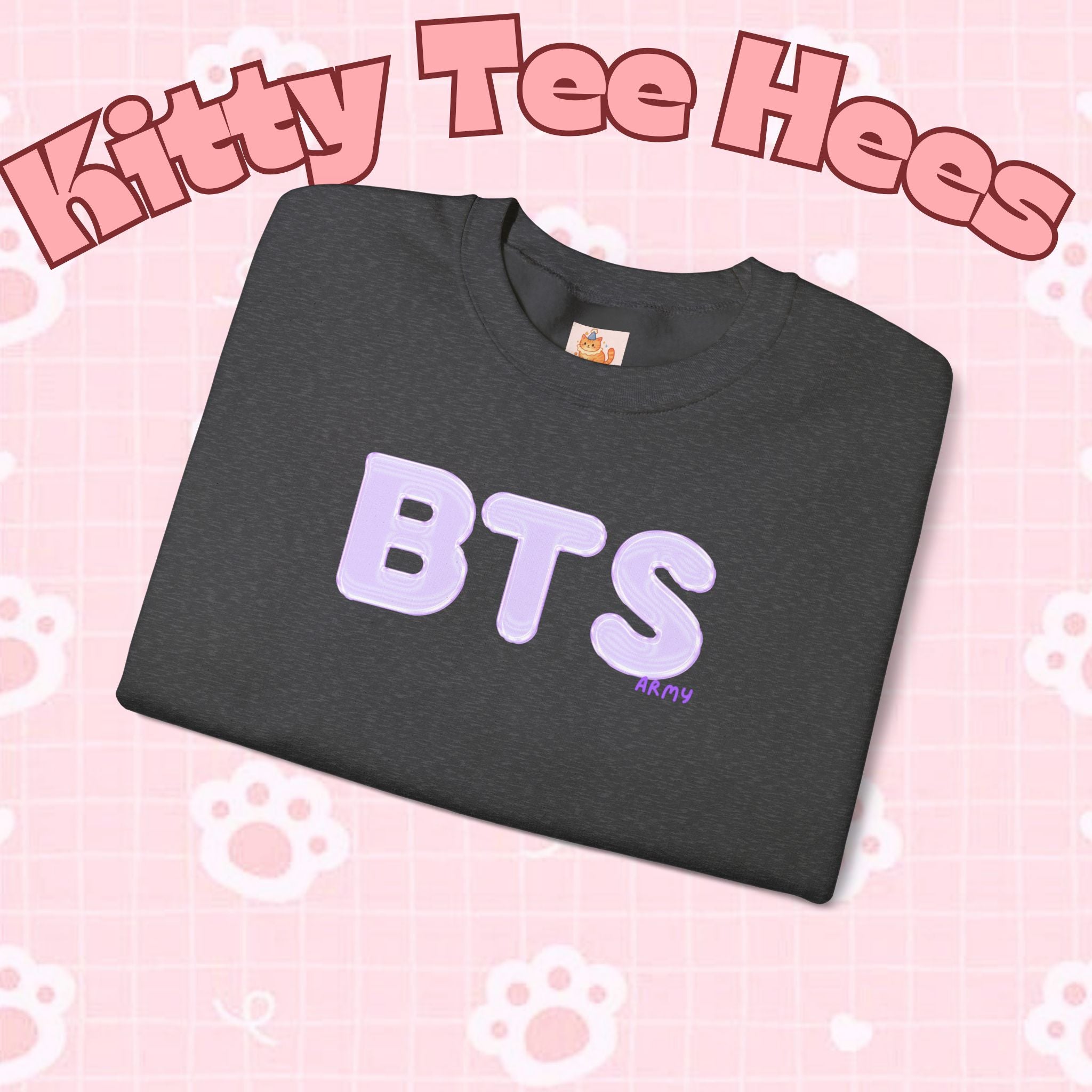 Lavender BTS Logo arirang crewneck sweatshirt featuring K-pop band print, comfortable concert sweater, by Printify.
