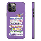 BTS member names phone case with Jungkook, Jimin, and Rap Monster design for iPhone 17, tough Printify phone case.
