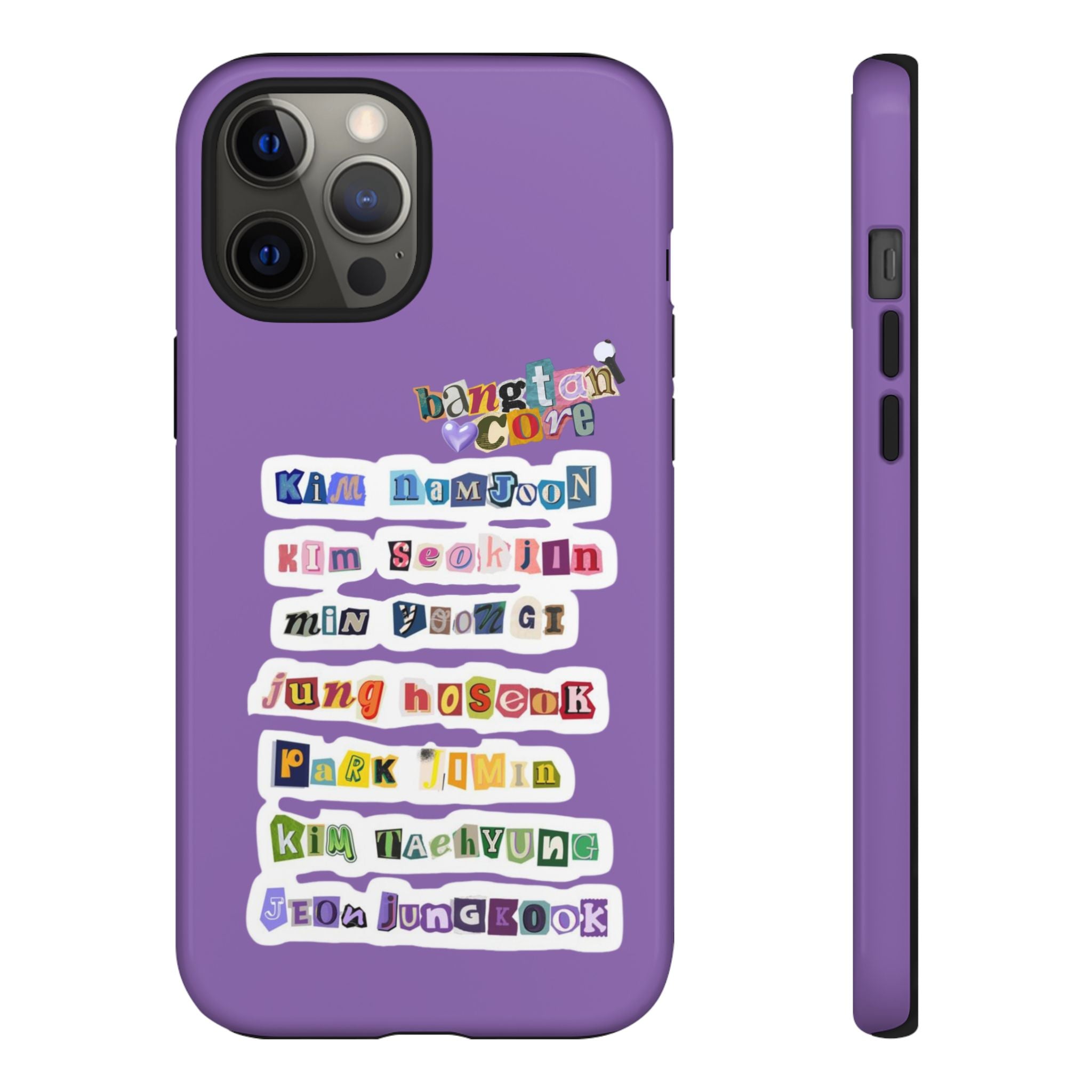BTS member names phone case with Jungkook, Jimin, and Rap Monster design for iPhone 17, tough Printify phone case.