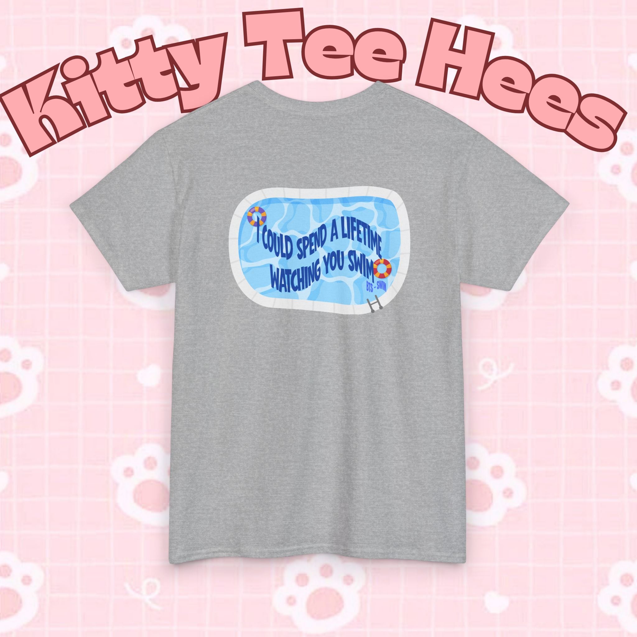 Printify BTS Swim graphic T-shirt featuring a pool scene and "I could spend a lifetime watching you swim" design on the back.