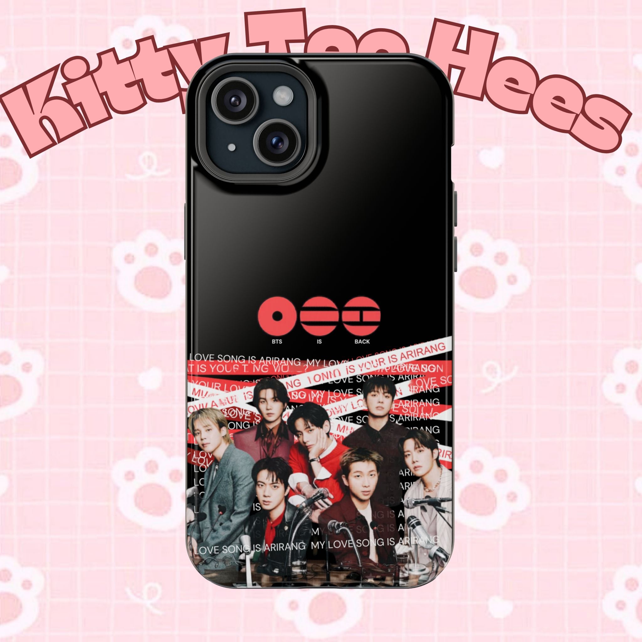 Custom BTS Bangtan phone case featuring fanmade K-Pop band design, impact-resistant cover with BTS Arirang imagery.