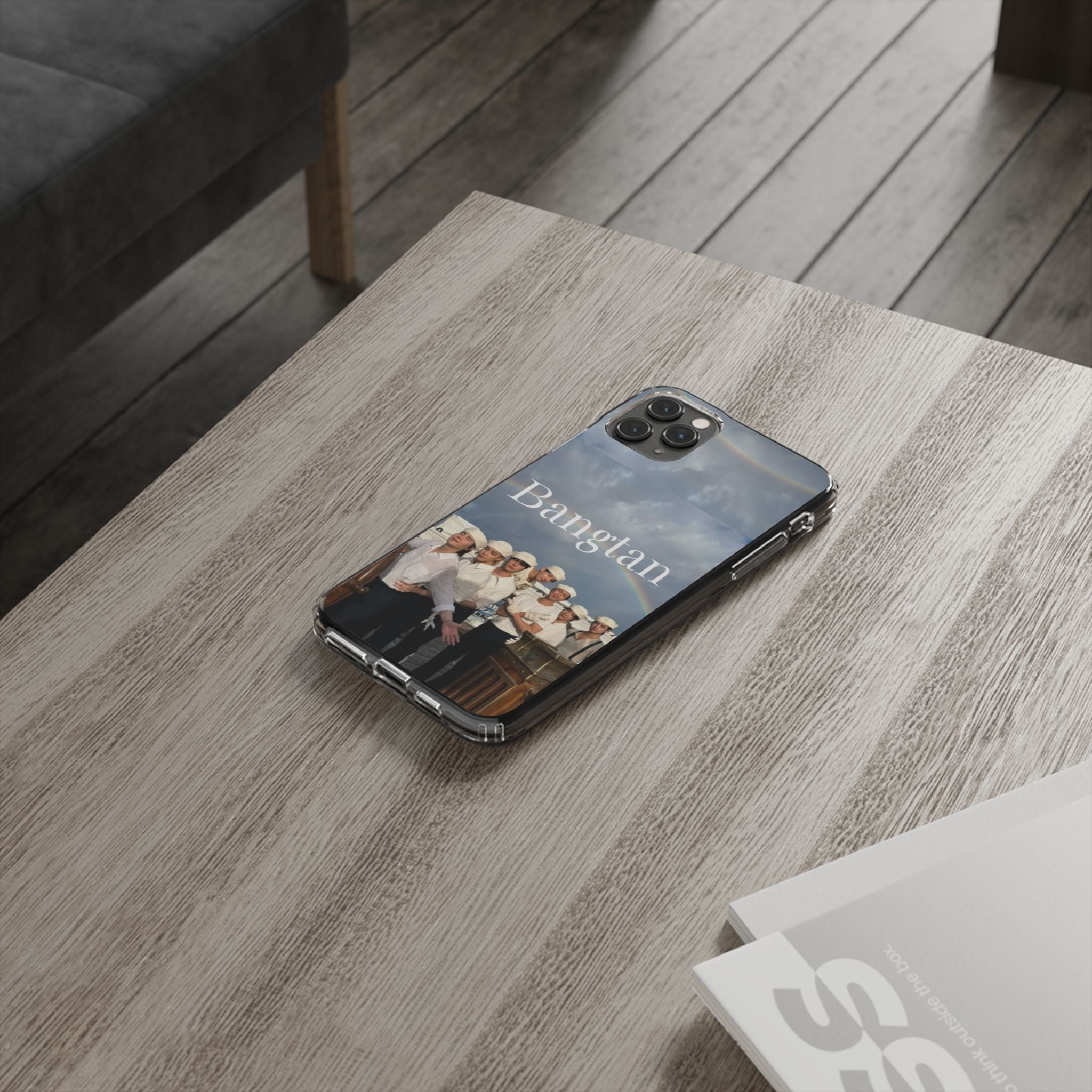 Clear impact-resistant phone case featuring cute Bangtan BTS K-pop design for smartphones.
