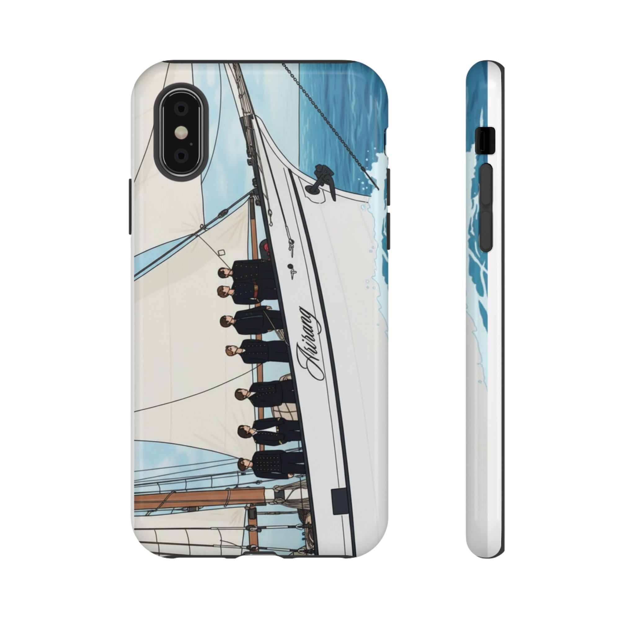 BTS Arirang swim-themed iPhone 17 and Samsung tough phone case with concert design by Printify, featuring Bangtan Boys graphics.
