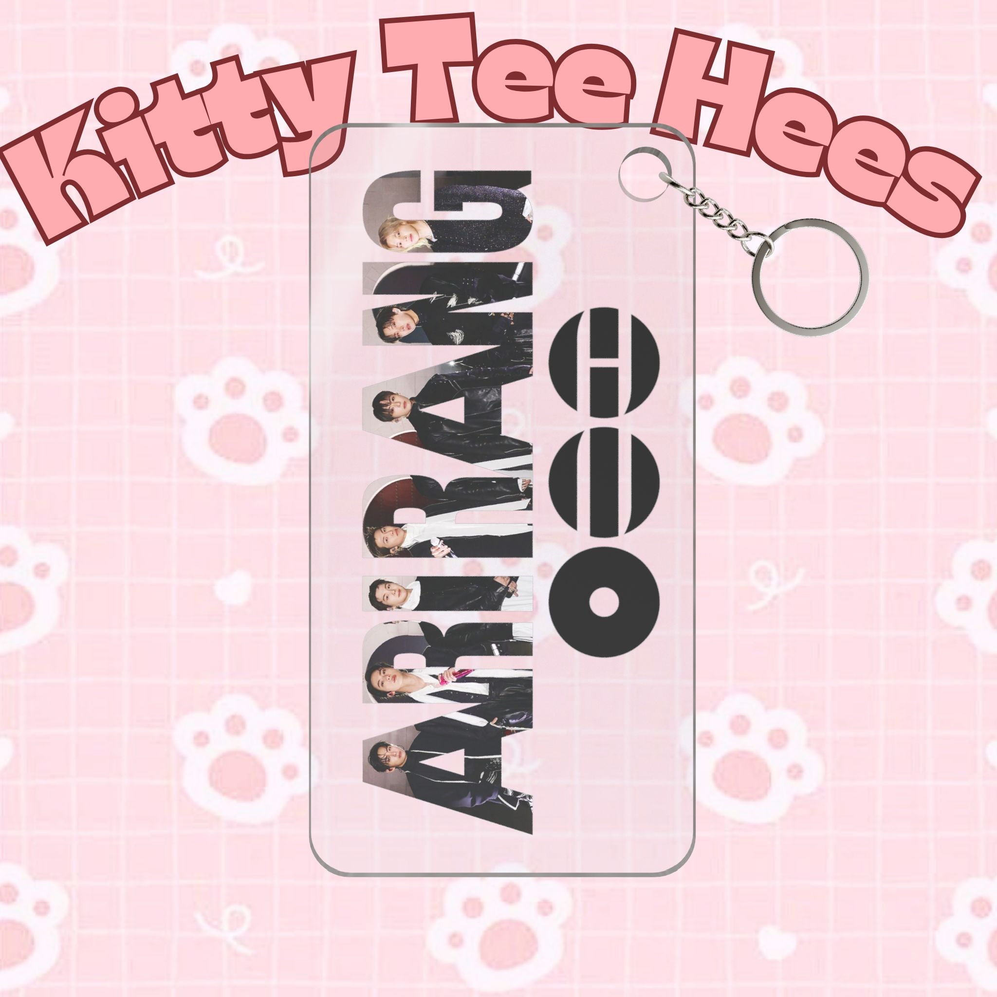 Clear Arirang BTS keychain with bee logo, cute K-pop accessory, featuring a transparent design and Printify branding.