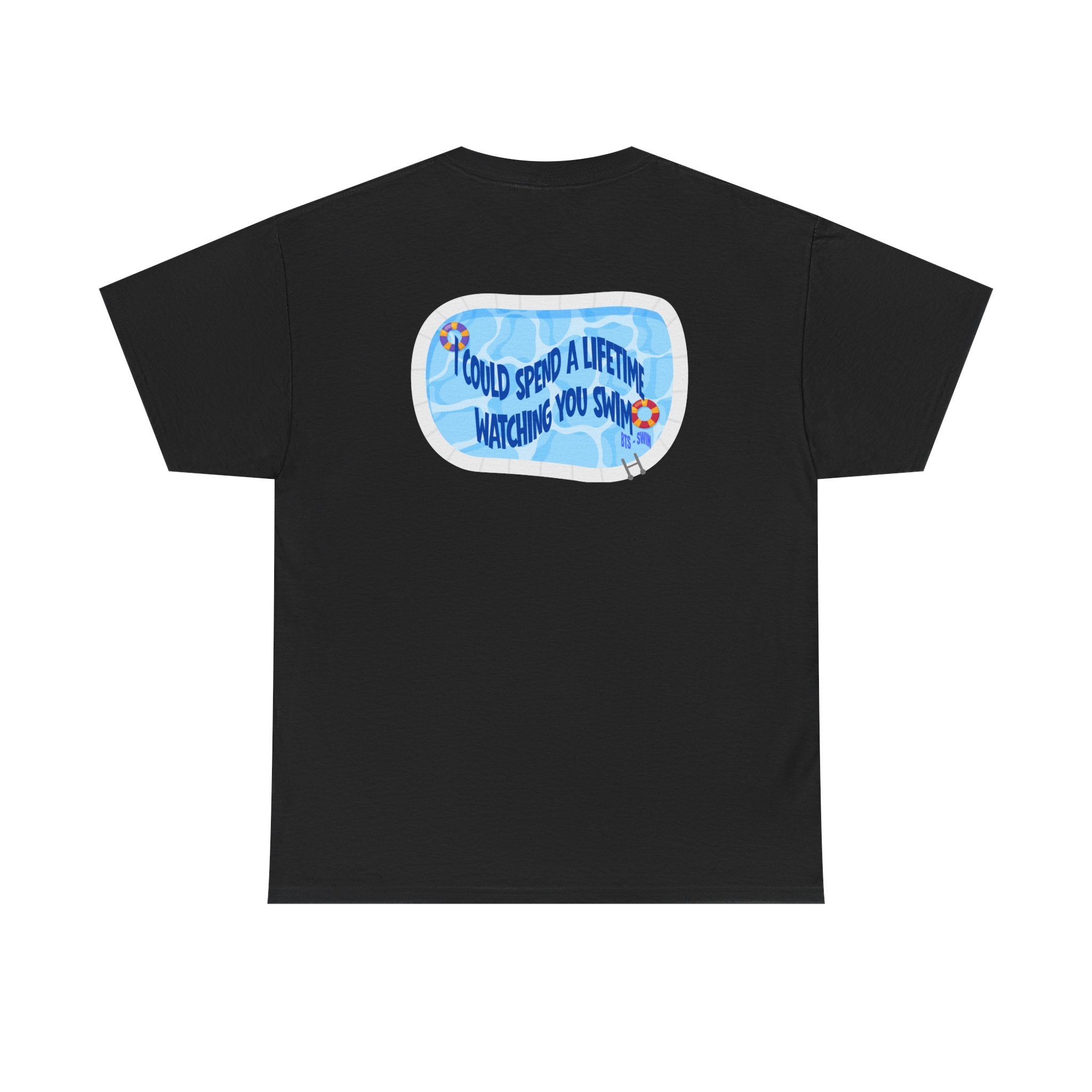 Printify BTS Swim graphic T-shirt featuring a pool scene and Bangtan logo, casual BTS concert tee with back print.