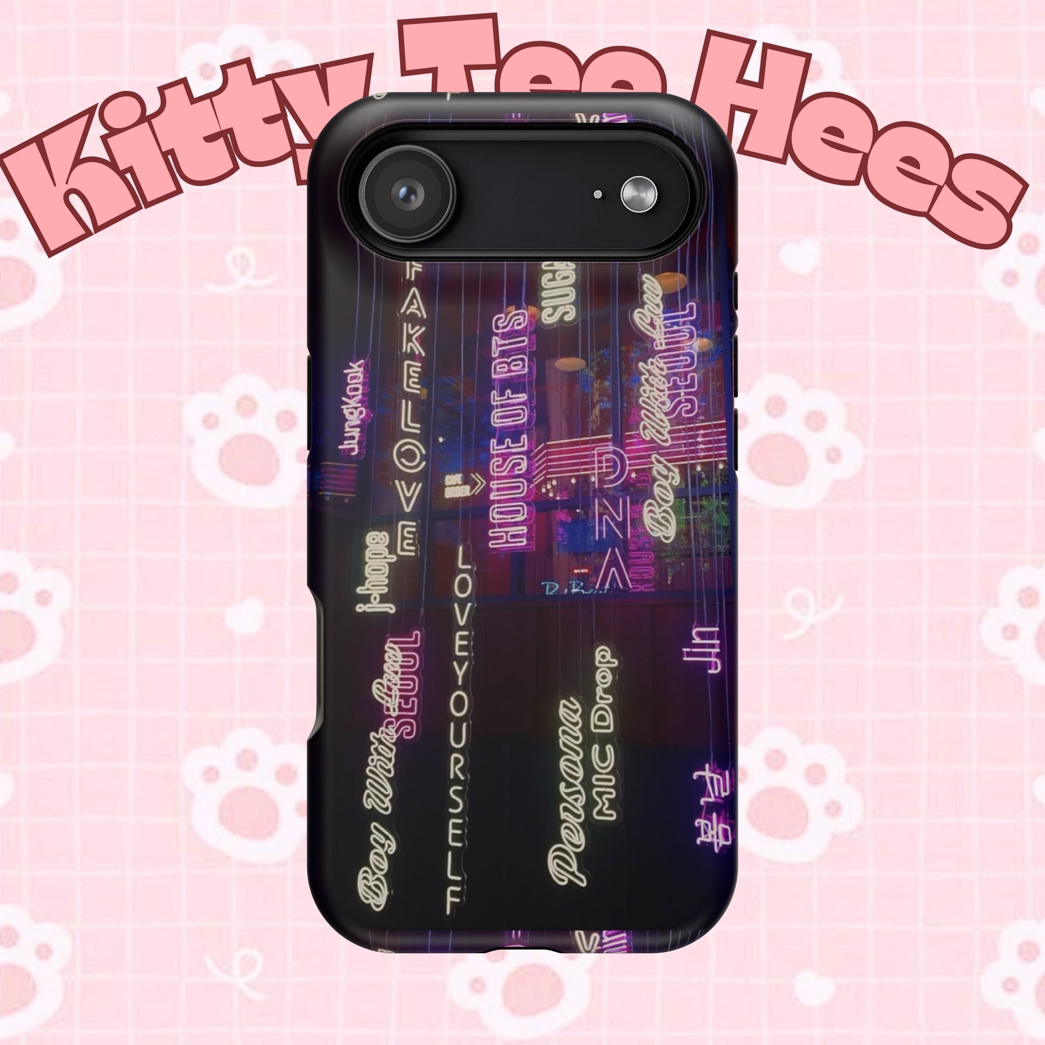 Neon Korean Script BTS phone case for iPhone and Samsung, impact-resistant printify case with bold Korean text design.