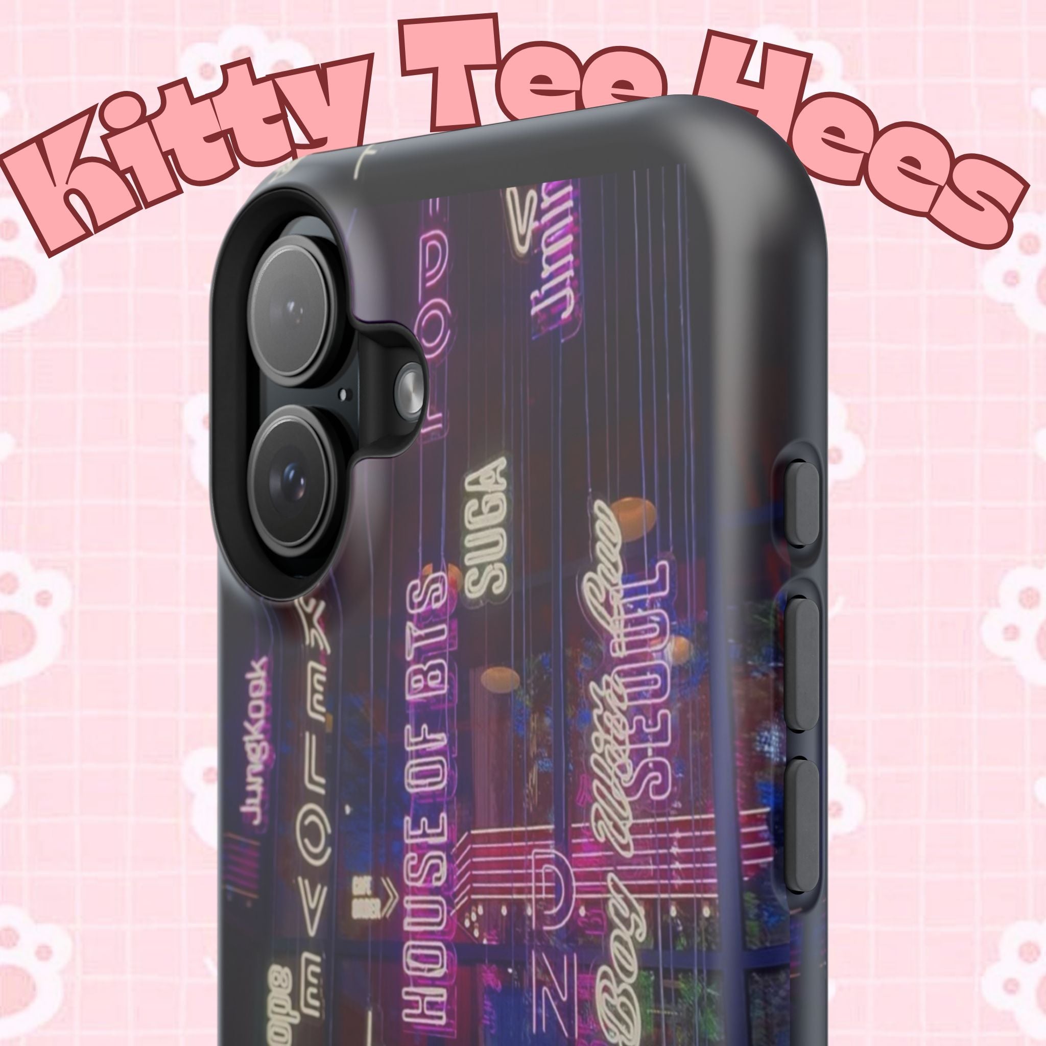 Neon Korean script BTS phone case for iPhone and Samsung, impact-resistant, featuring Bangtan Sonyeondan branding.