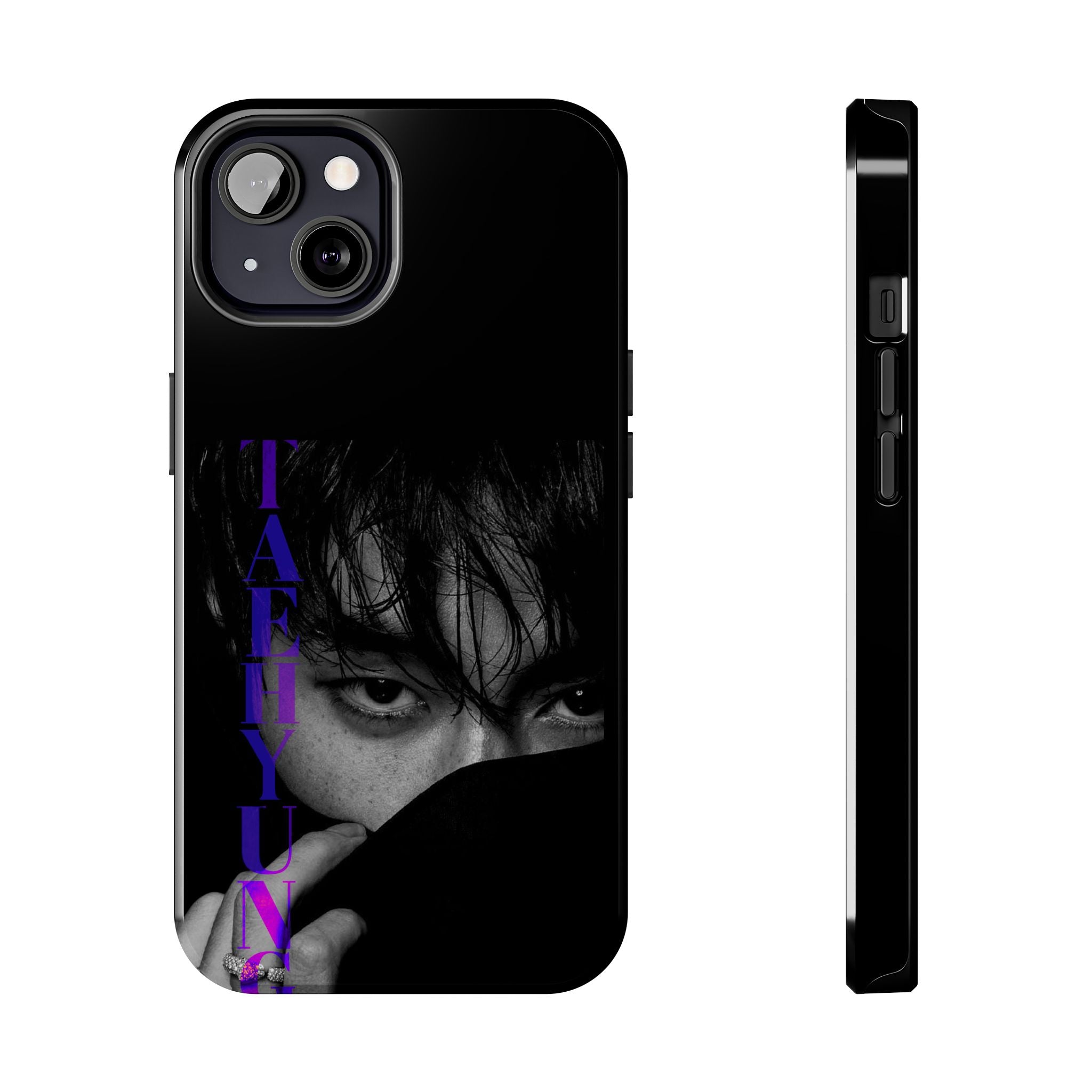 Dark Bangtan BTS phone case featuring Kim Taehyung (V) design for iPhone and Samsung models, made by Printify.