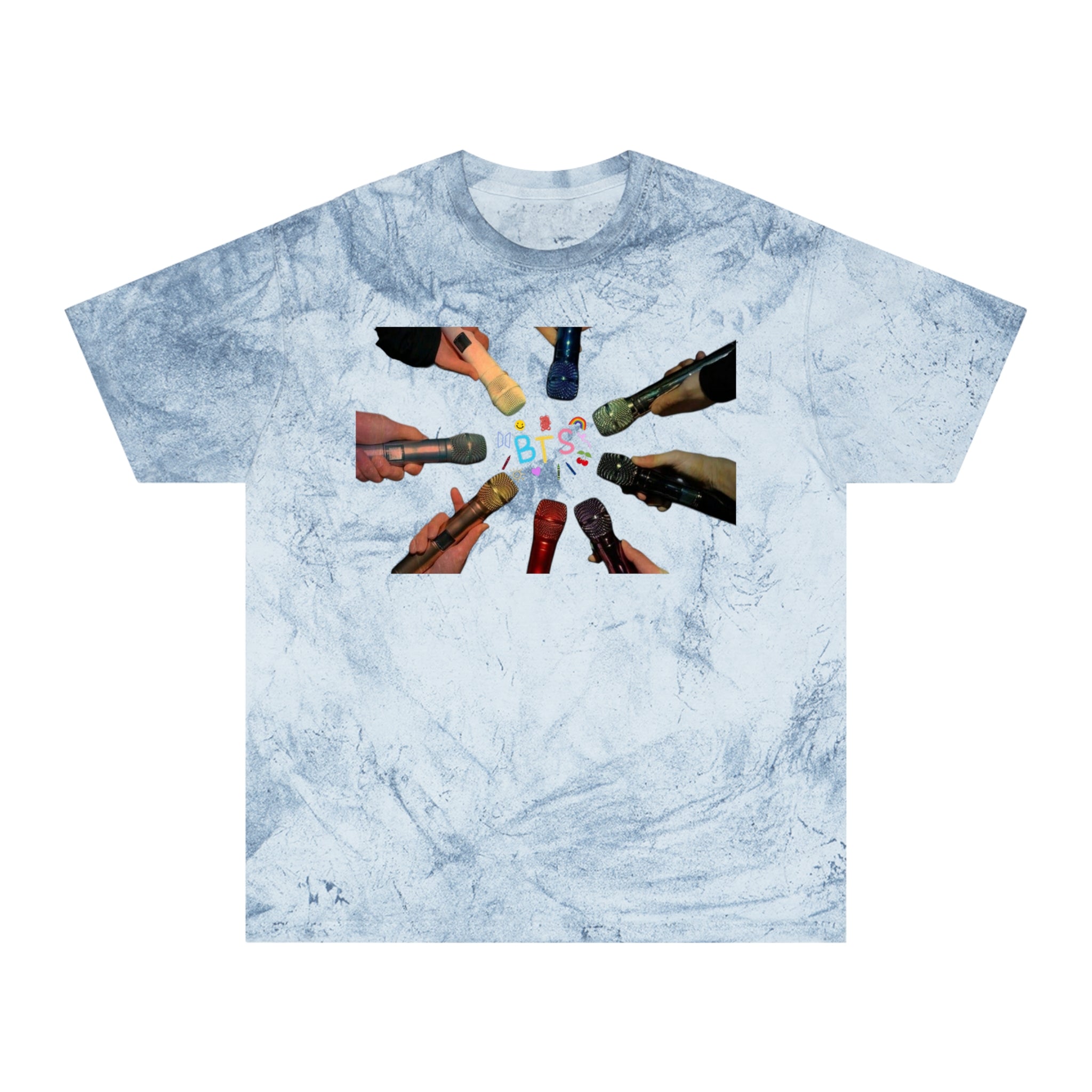 Colorful BTS concert T-shirt featuring rainbow microphone and logo design, inspired by K-Pop concert fashion.