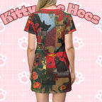 Casual cat print T-shirt dress featuring playful guitar and cat illustrations, perfect for cat lovers, by Printify.