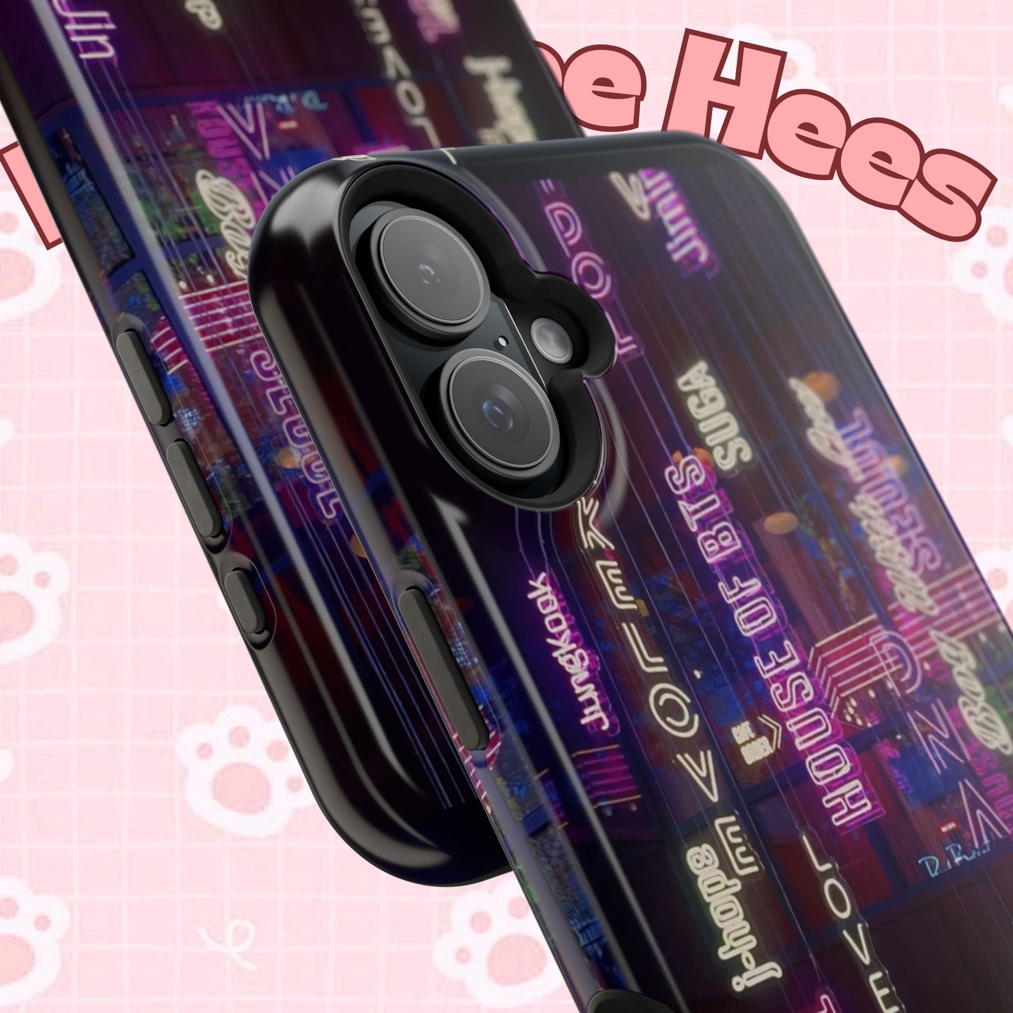 Neon Korean script BTS phone case for iPhone and Samsung, impact-resistant design with Bangtan Sonyeondan branding.