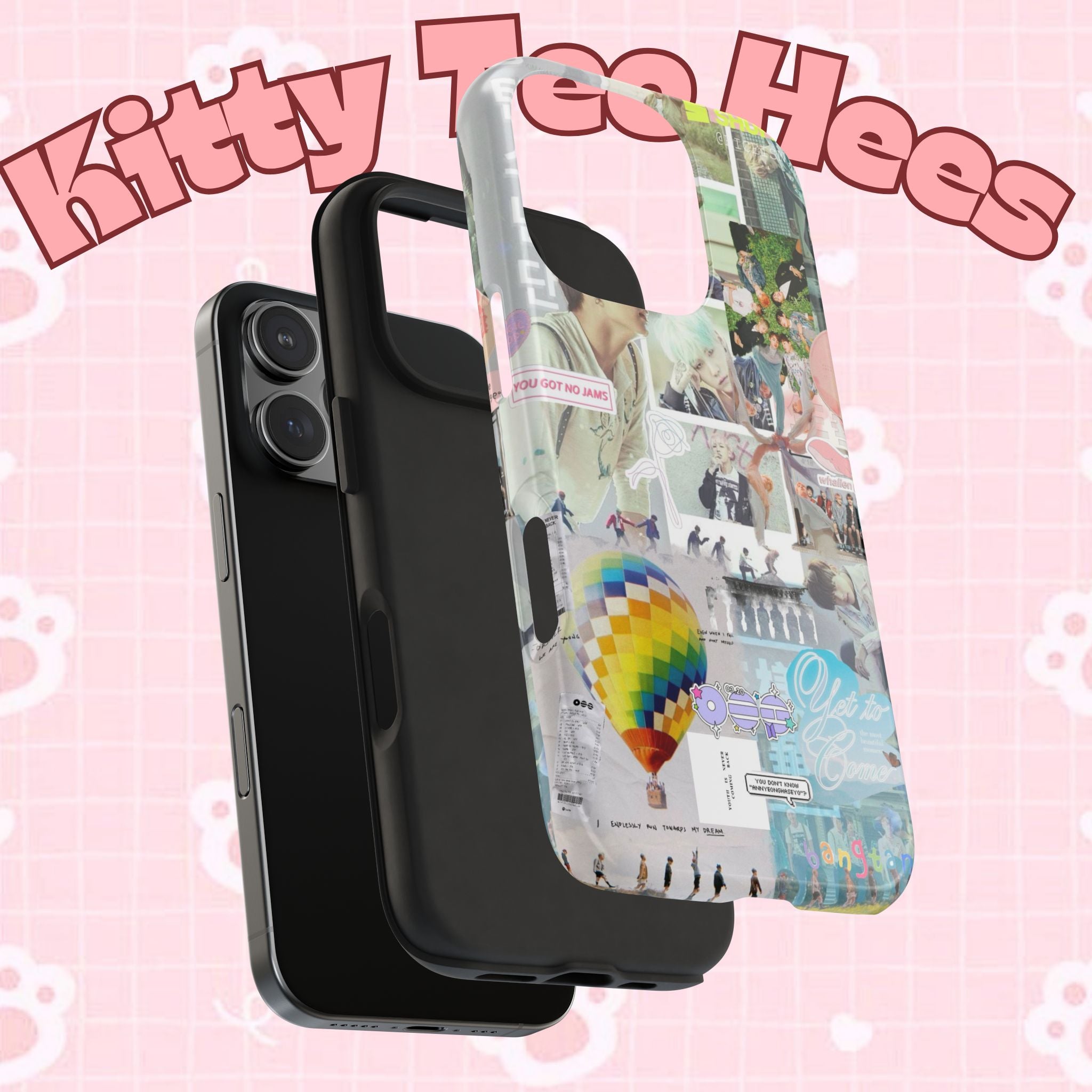 K-Pop BTS collage phone case for iPhone and Samsung with pastel hot air balloon and aesthetic design, durable tough protective cover.