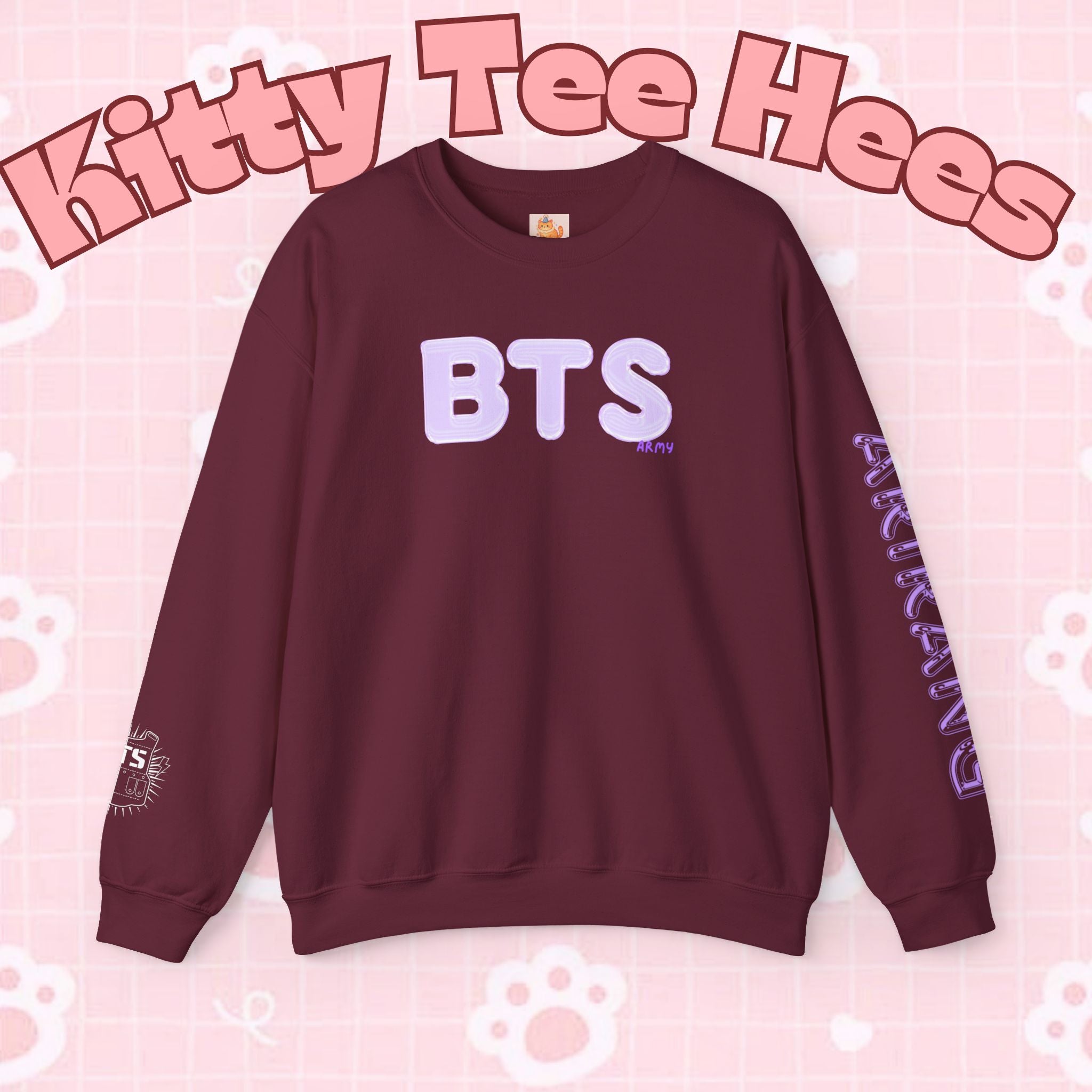 Lavender BTS Logo arirang crewneck sweatshirt featuring BTS comeback design, K-pop band pullover with concert-inspired print.