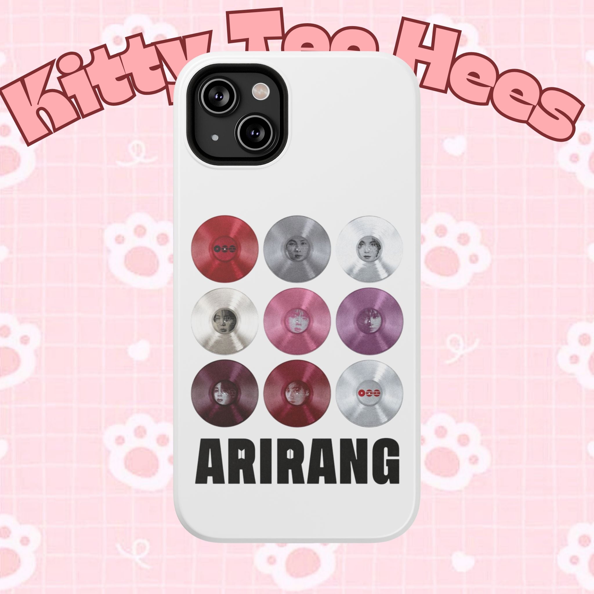 Printify BTS Arirang vinyl record grid phone case featuring cool BTS fan merch design, impact-resistant for added protection.