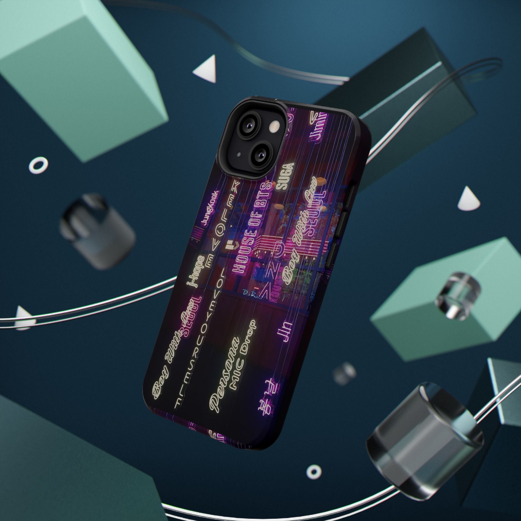 Impact-resistant BTS phone case featuring neon Korean script design for iPhone and Samsung models by Printify.