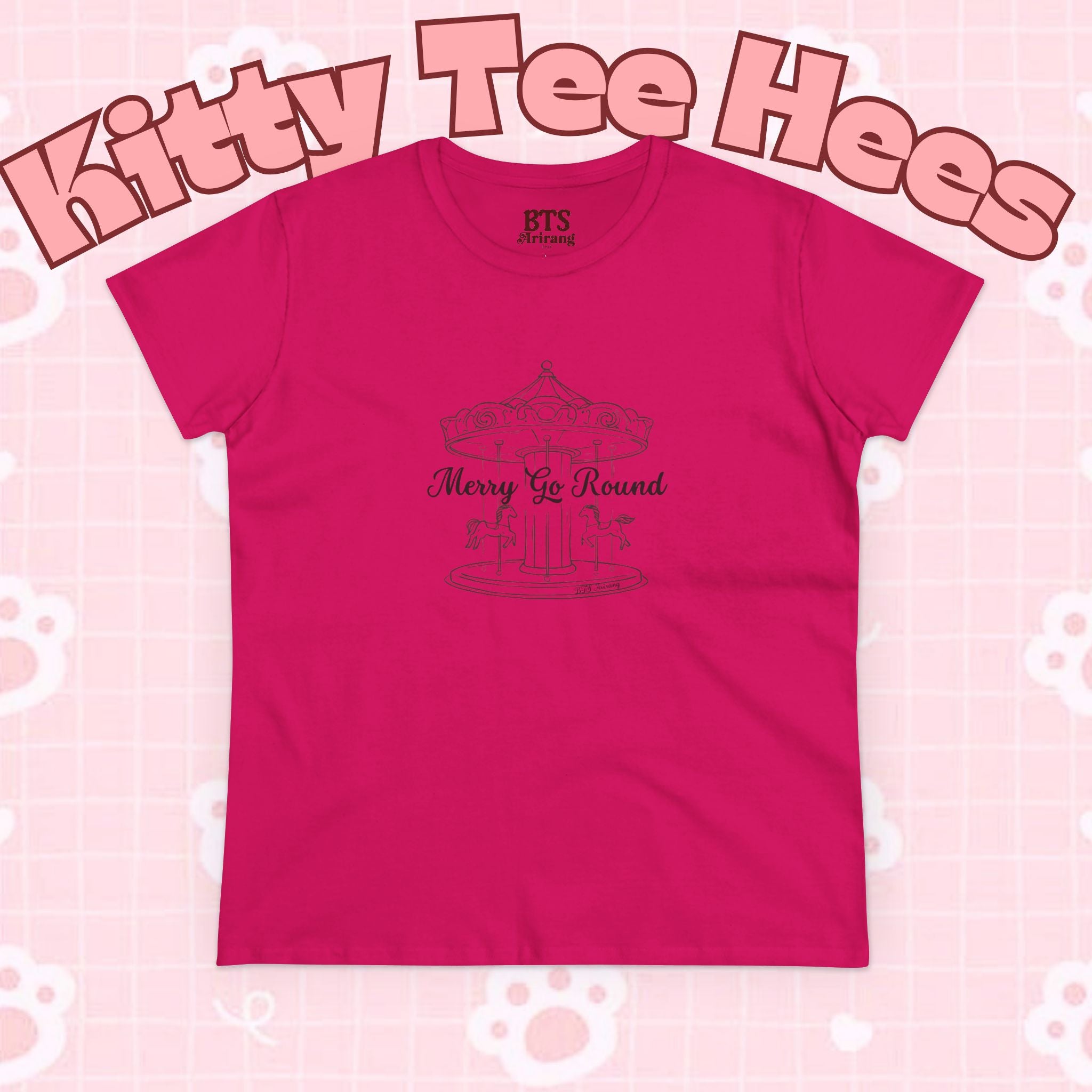 Printify Merry Go Round BTS Arirang 2026 album carousel sketch T-shirt with lyric script back print, casual and stylish clothing.