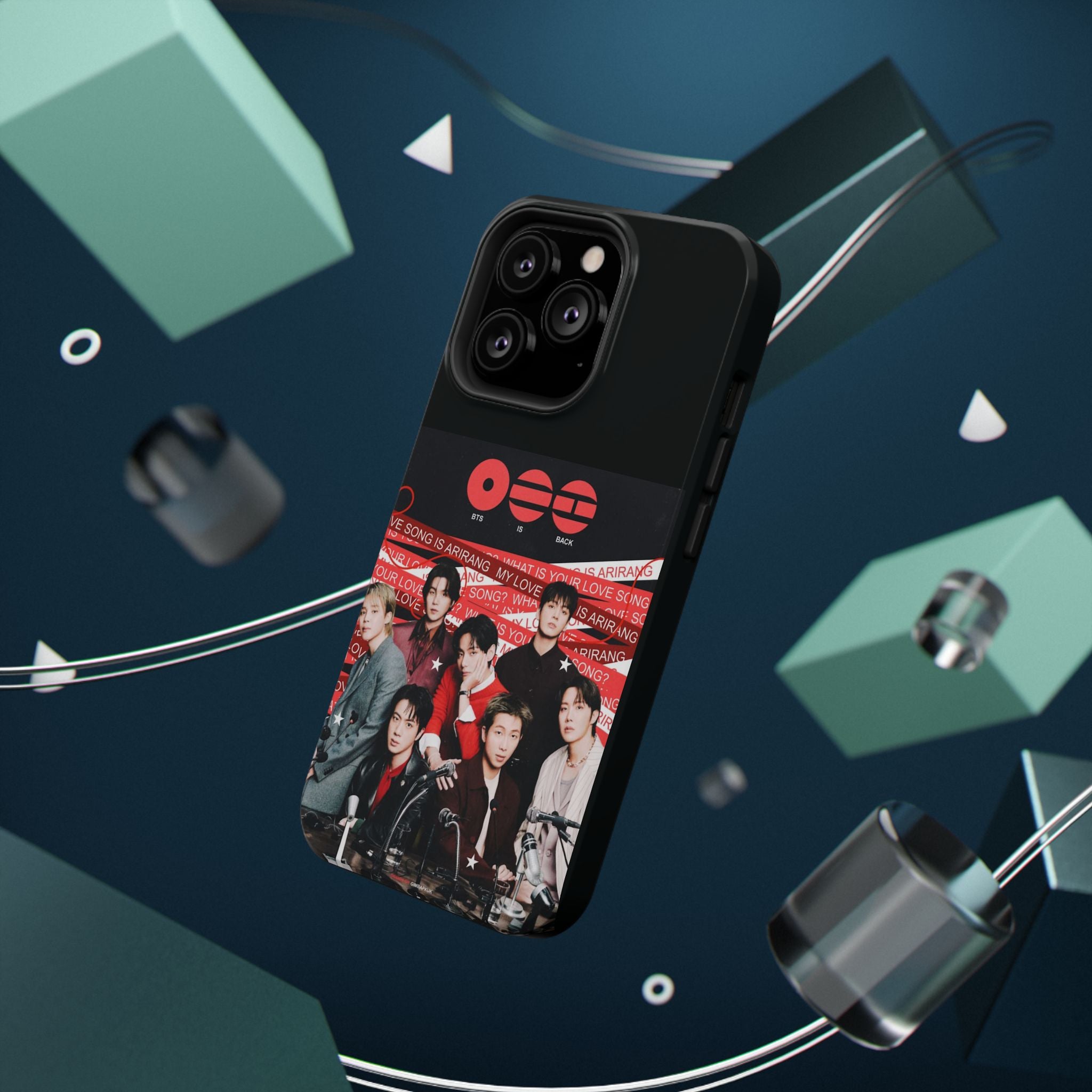 BTS Arirang phone case with Bangtan concert design, impact-resistant K-Pop band photo phone cover by Printify.