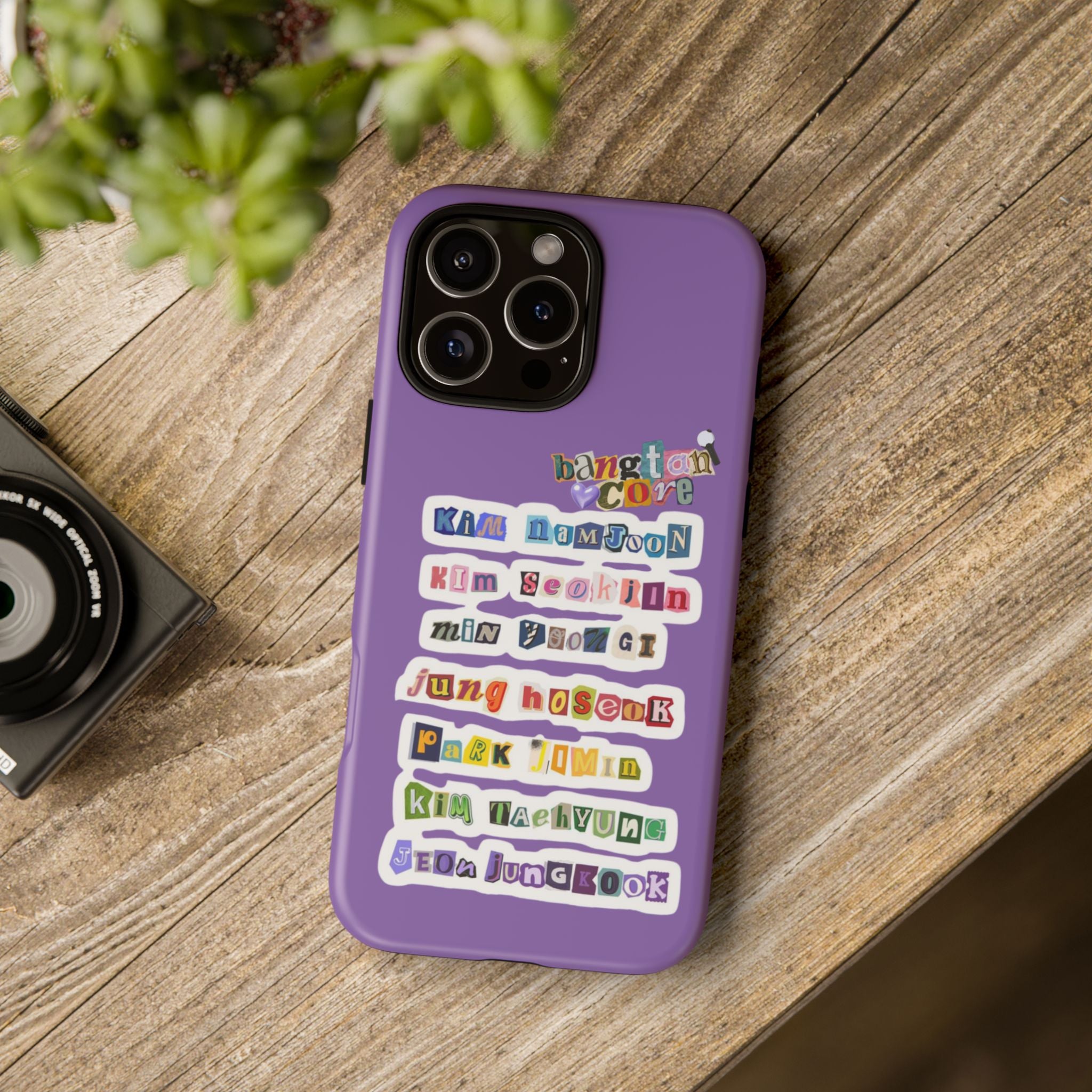 BTS member names phone case featuring Jungkook, Jimin, and Rap Monster for iPhone 17, with a durable tough case design.