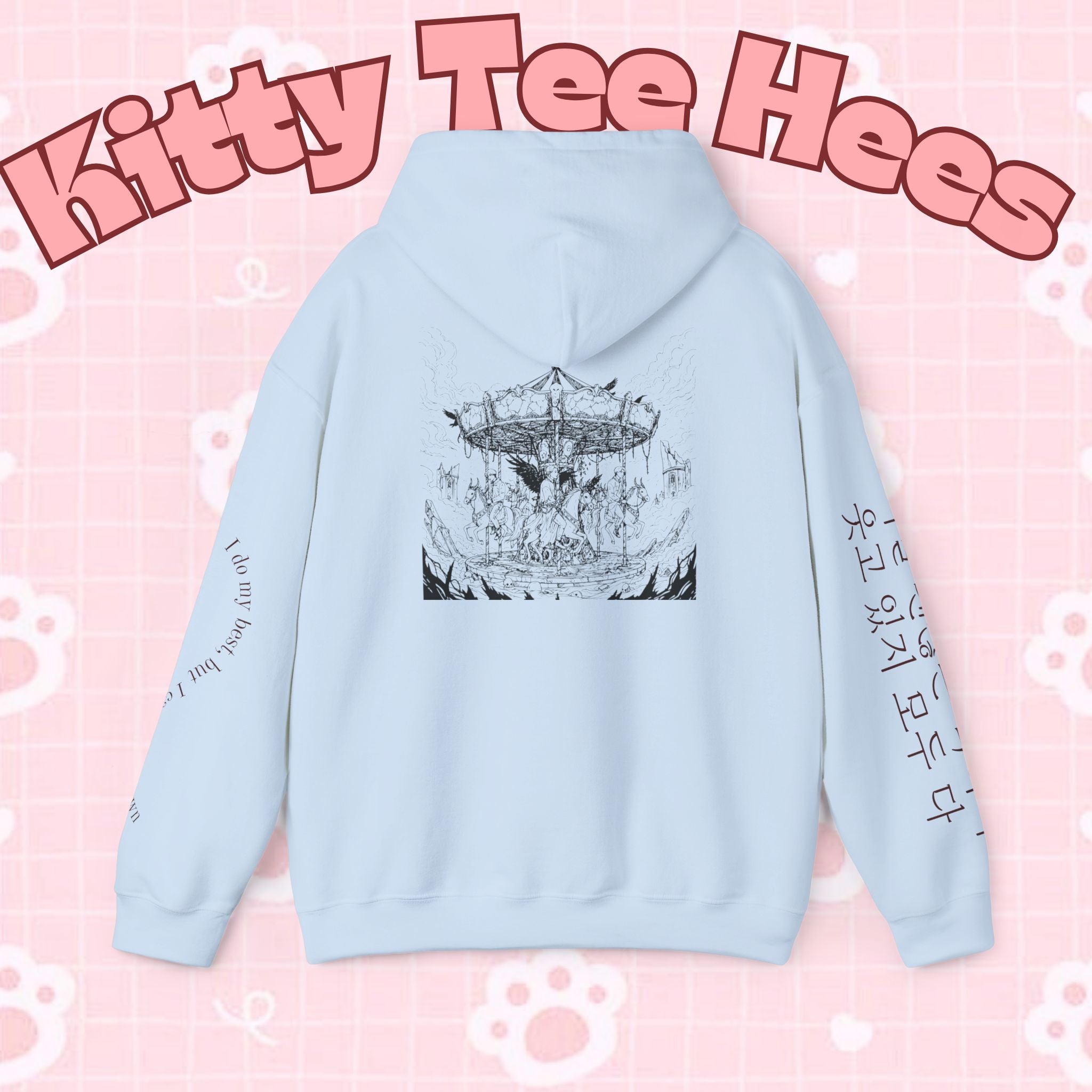 BTS Merry-go-round Arirang 2026 hoodie with carousel illustration, Korean script sleeve, and band lyric design, casual Korean BTS hoodie.