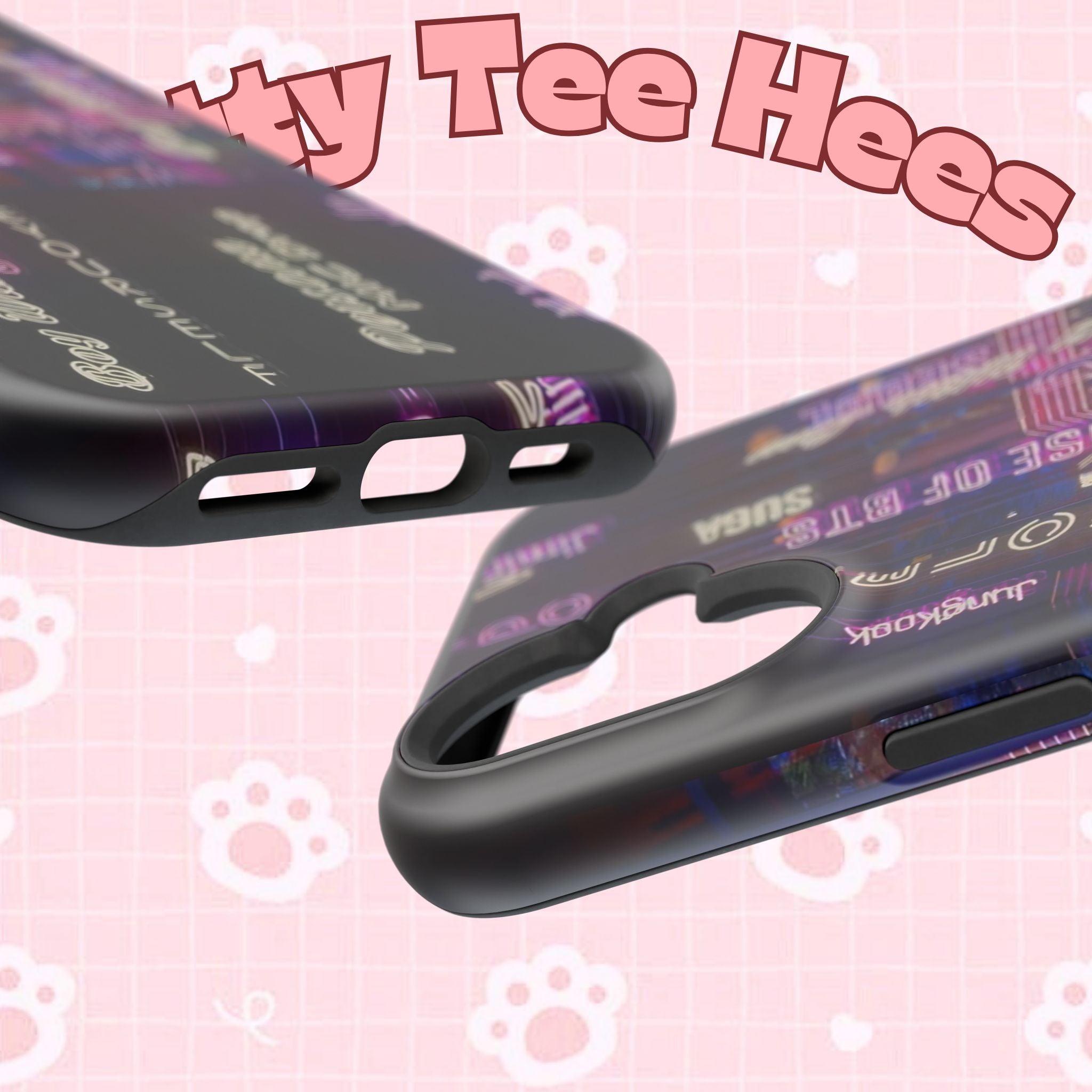 Neon Korean script print on impact-resistant BTS phone case for iPhone and Samsung, featuring bold design and vibrant colors.