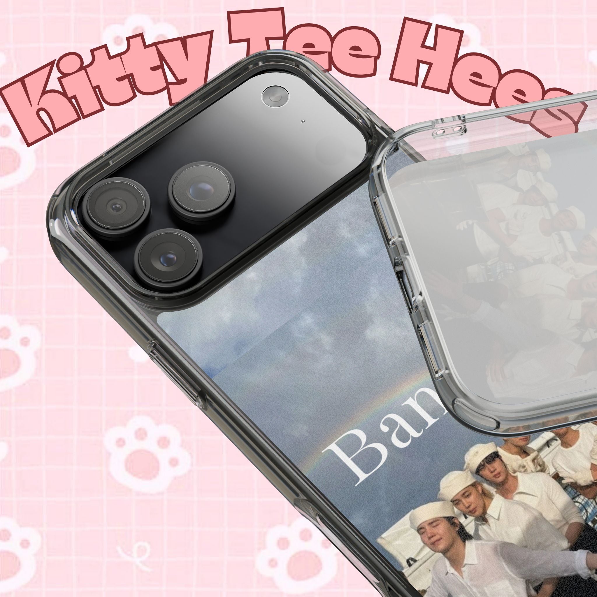 Clear impact-resistant Bangtan phone case featuring cute K-pop design, compatible with smartphones, by Printify.