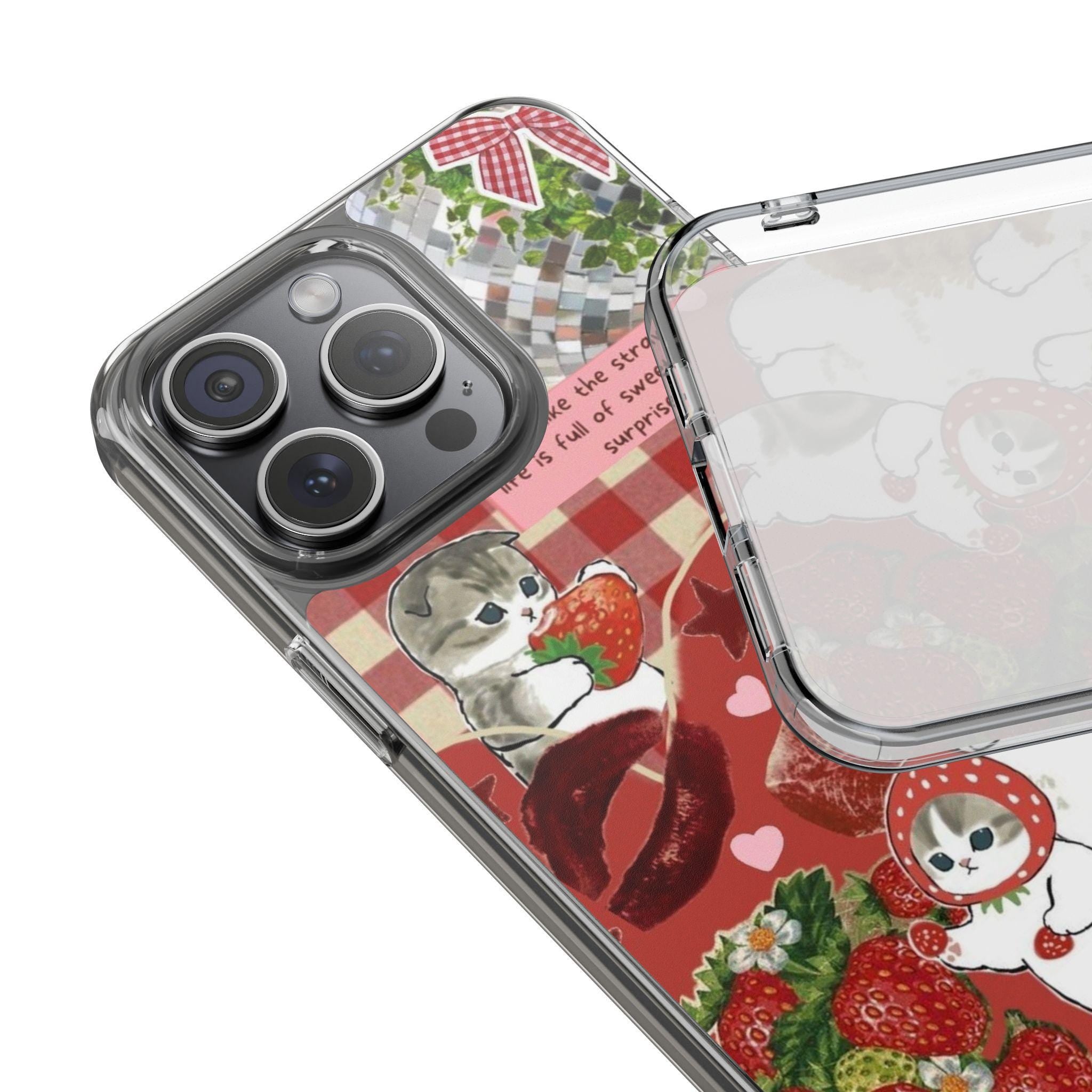 Strawberry cat Phone Case, Custom Aesthetic Collage Cat Floral Ghost Witchy Celestial Pixel Vintage Nature Phone Case Gift - Kitty TeeHees