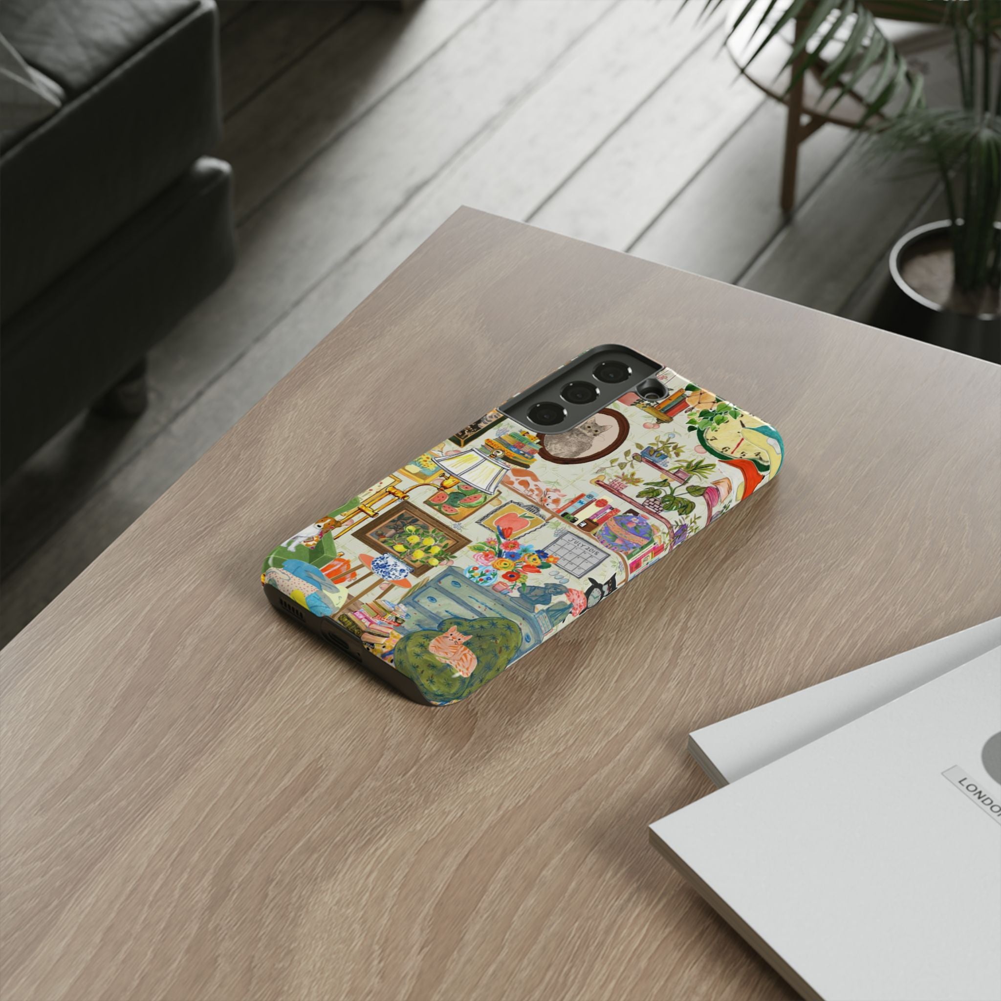Cute cat portrait phone case for iPhone 17 by Printify, featuring a cozy living room scene with a stylish pet design.