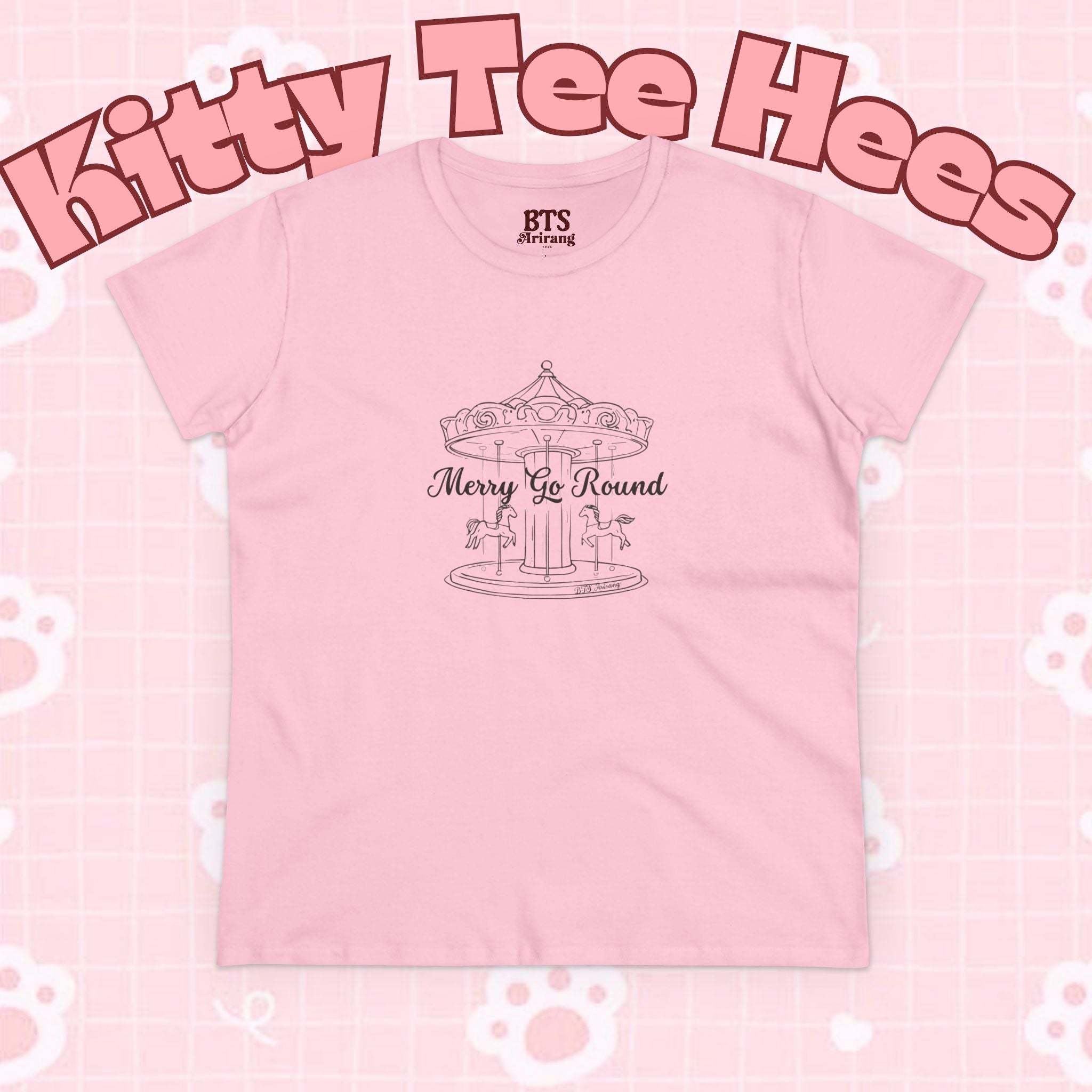 Printify Merry Go Round BTS Arirang 2026 album carousel sketch T-shirt with lyric script back print, casual and stylish.