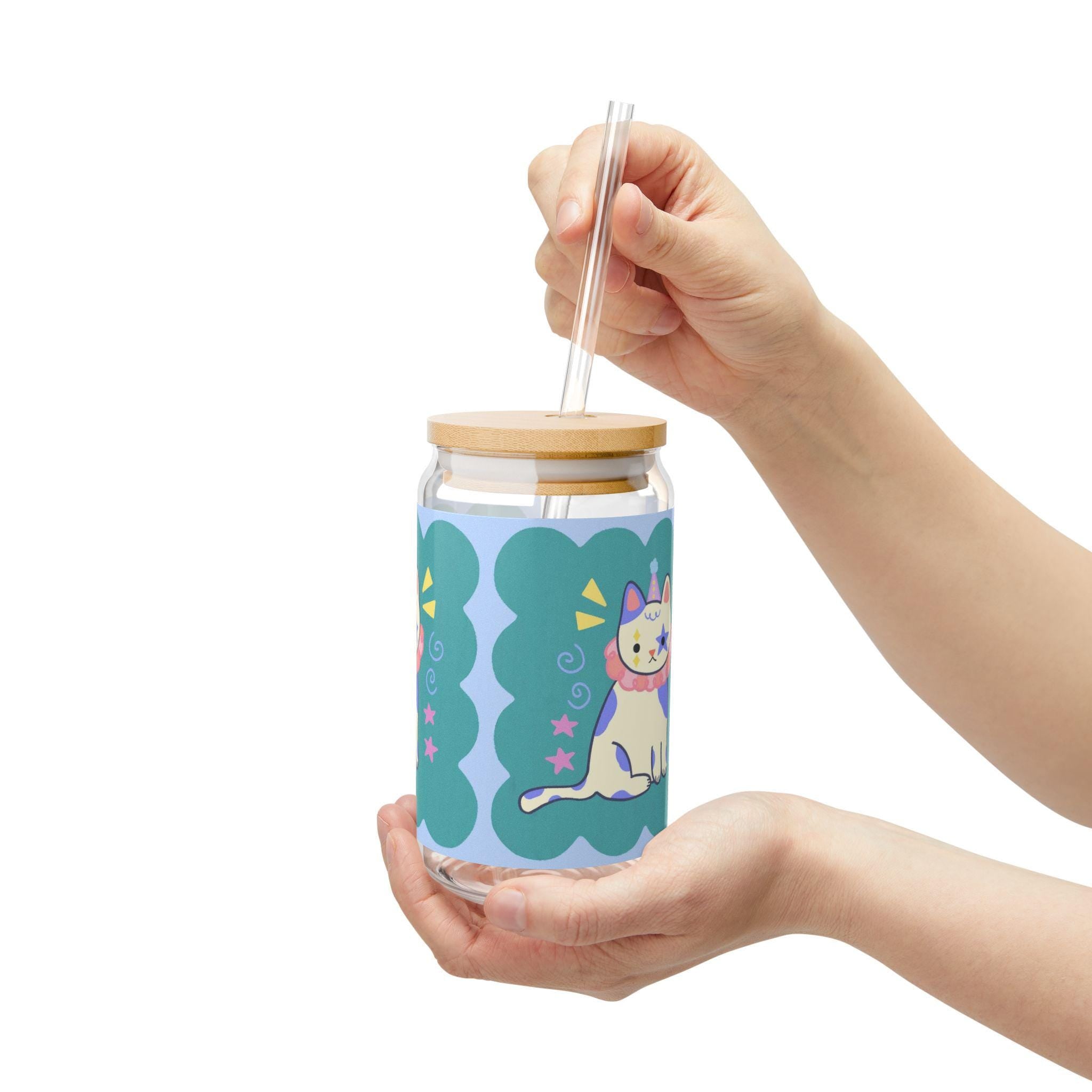 Clown Cat Sipper Glass, Fun Drinkware with Bamboo Lid - Kitty TeeHees