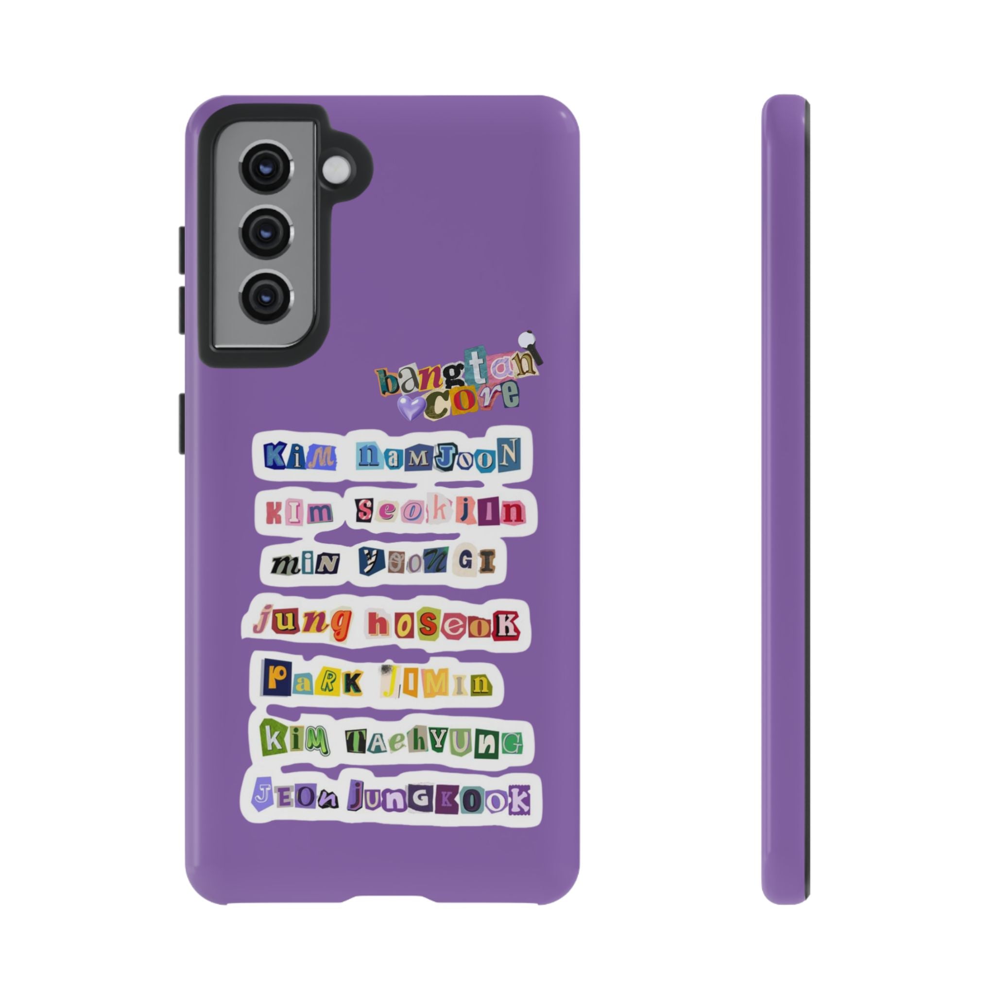BTS member names phone case featuring Jungkook, Jimin, and Rap Monster for iPhone 17, with a tough protective design.