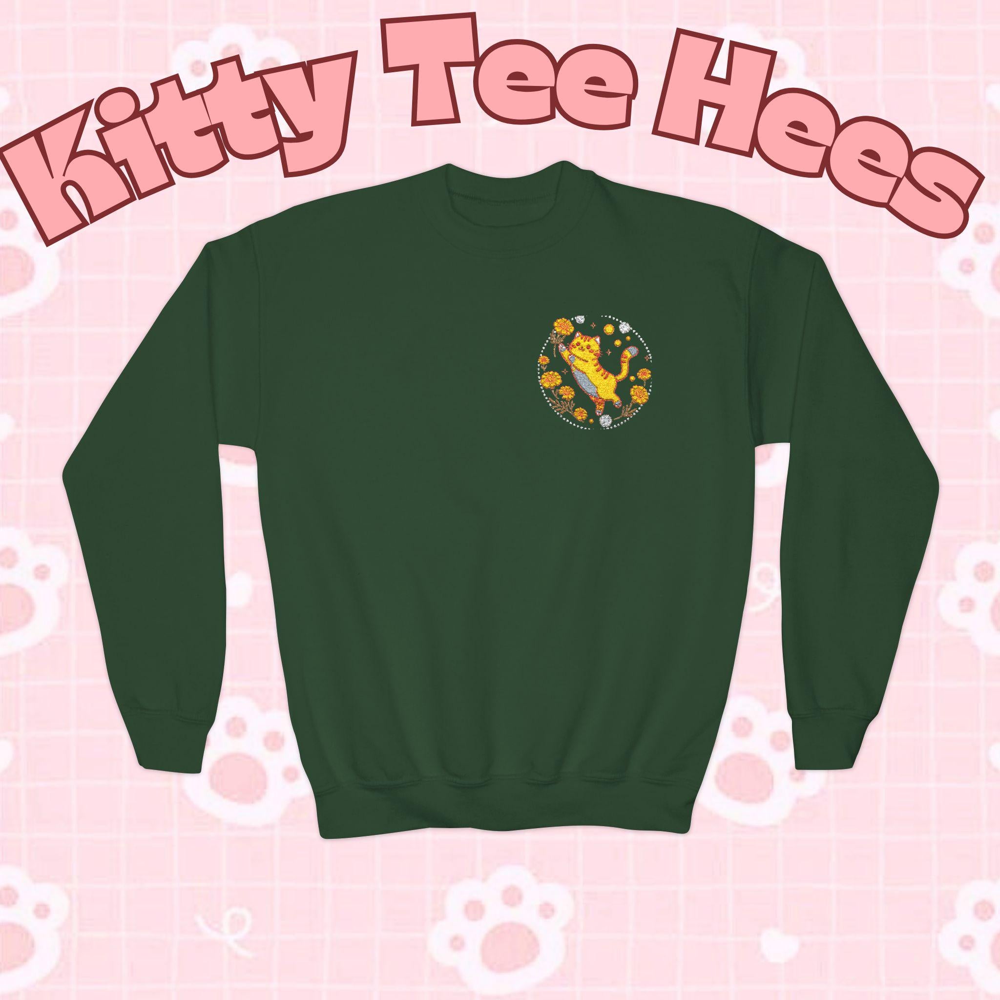 Embroidered Kitty Sweatshirt, Marigold Puff, Kids Cotton-Poly Blend - Kitty TeeHees