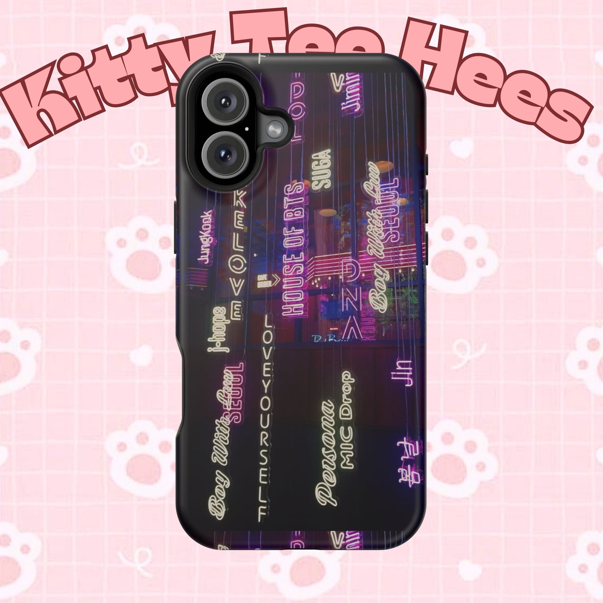 Neon Korean script BTS phone case for iPhone and Samsung, impact-resistant with bold neon design from Bangtan Sonyeondan.