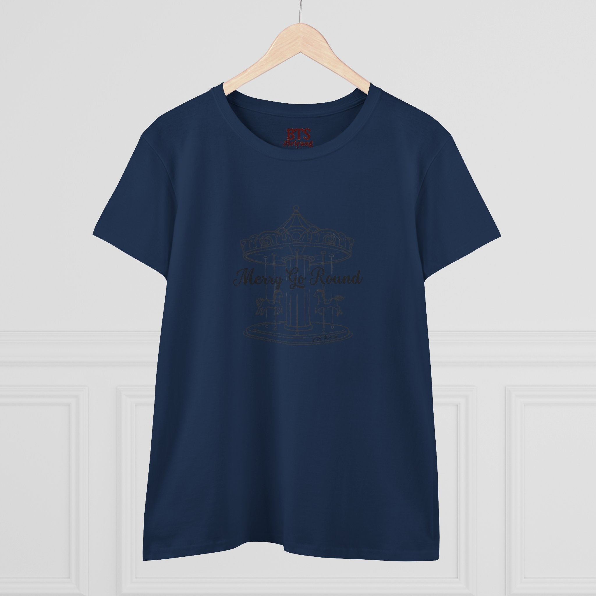 Printify Merry Go Round BTS Arirang 2026 album carousel sketch T-shirt with lyric script back print and casual design.