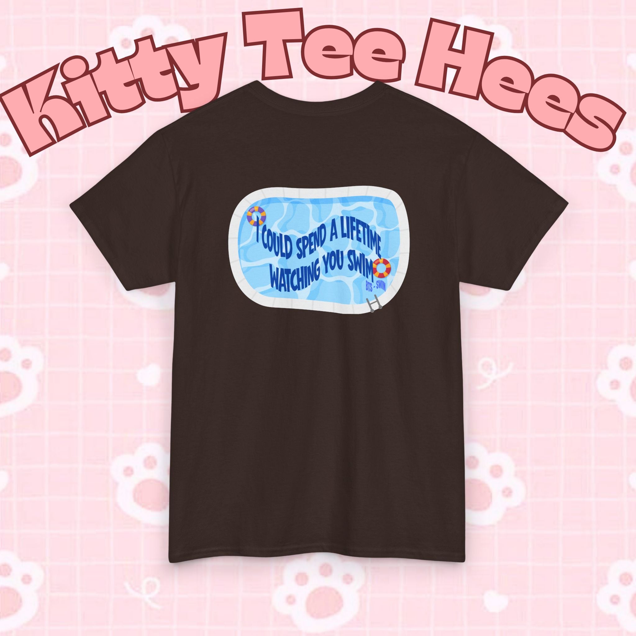 Printify BTS swim graphic T-shirt featuring a pool scene and "I could spend a lifetime watching you swim" design, casual concert tee