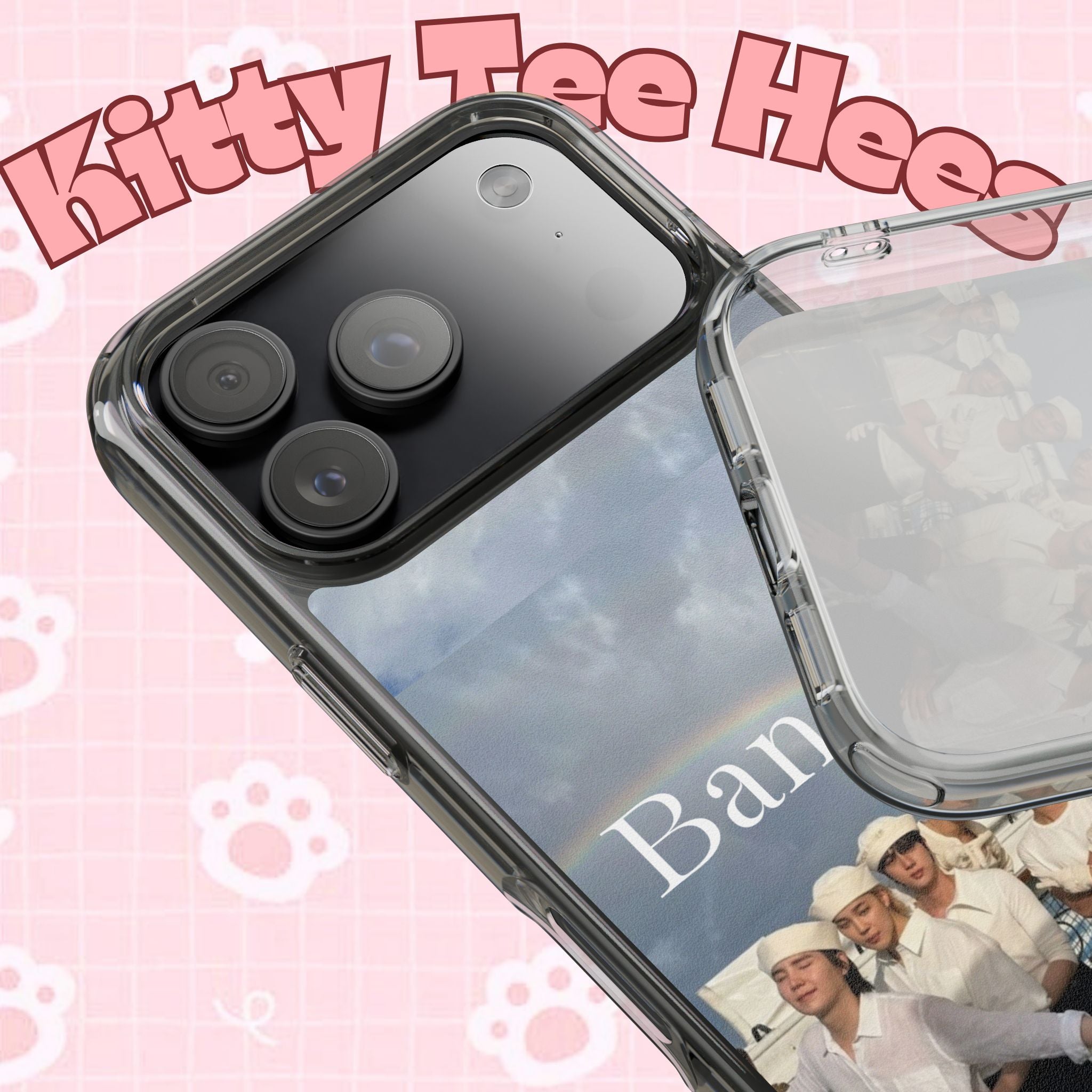 Clear impact-resistant phone case featuring Bangtan Boys K-pop design, designed for smartphones by Printify.