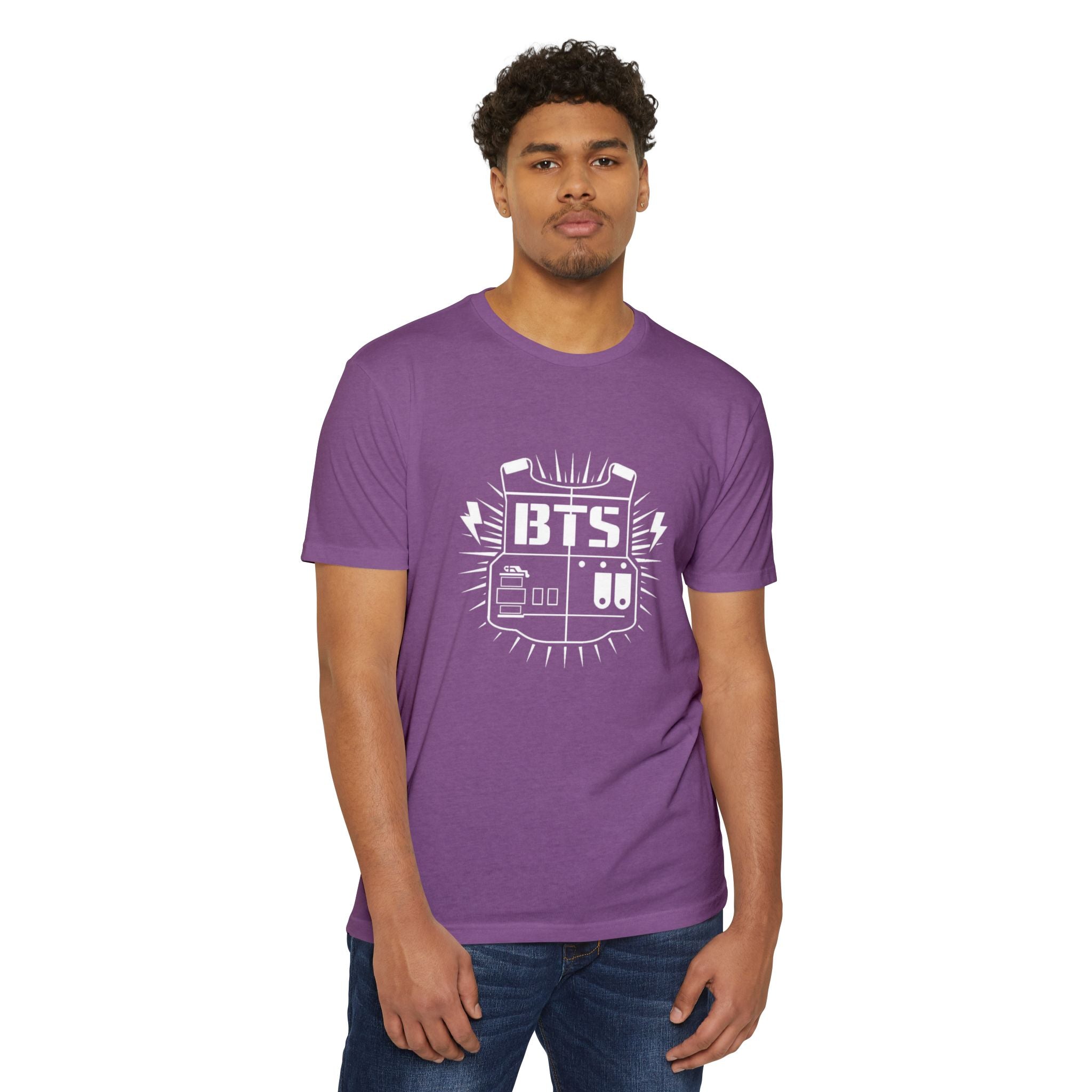 Custom BTS T-shirt featuring Jungkook, Jimin, V, J-Hope, RM, Suga, Jin, with concert-themed design, by Printify.