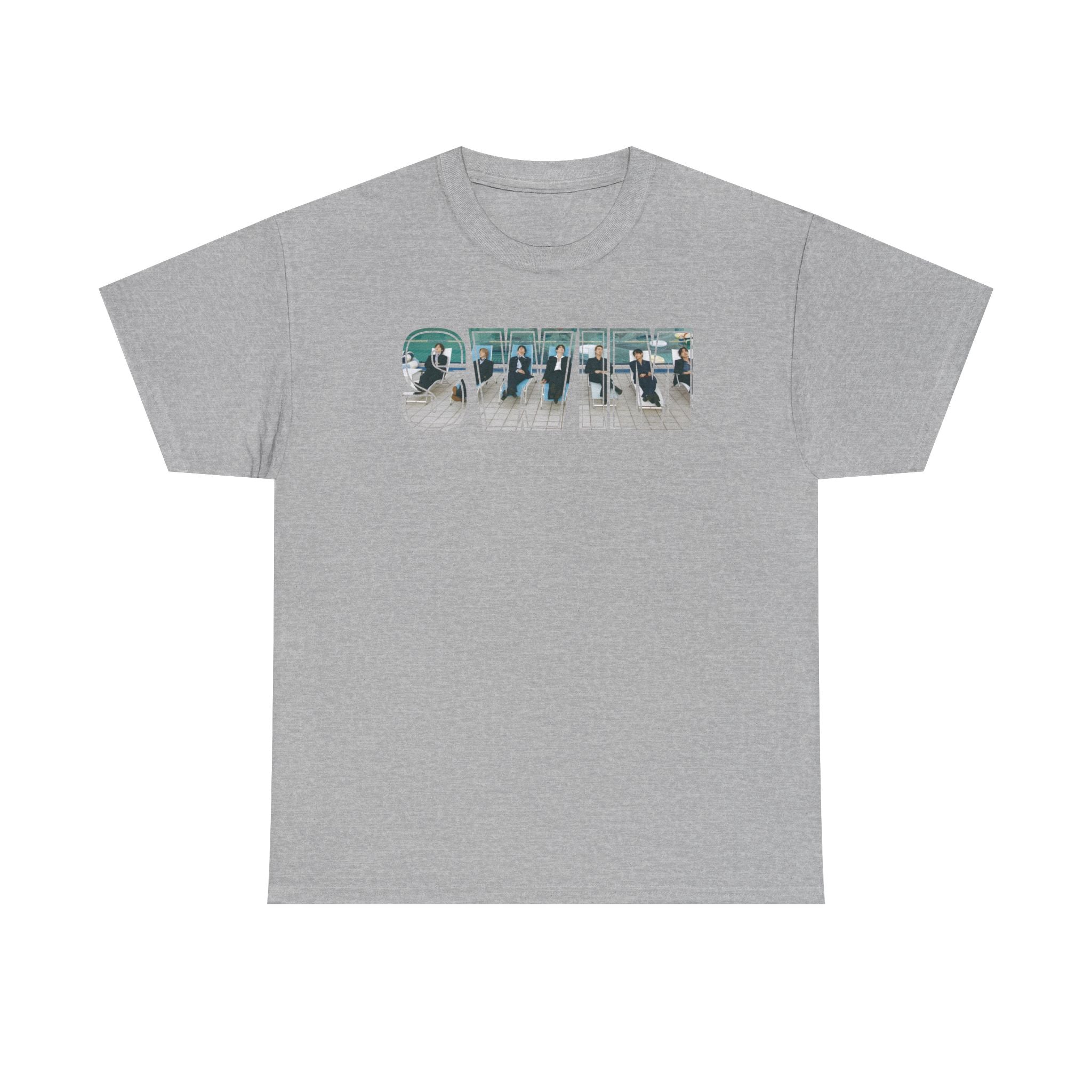 Printify BTS swim graphic T-shirt featuring a pool scene and "I could spend a lifetime watching you swim" text, casual concert tee.