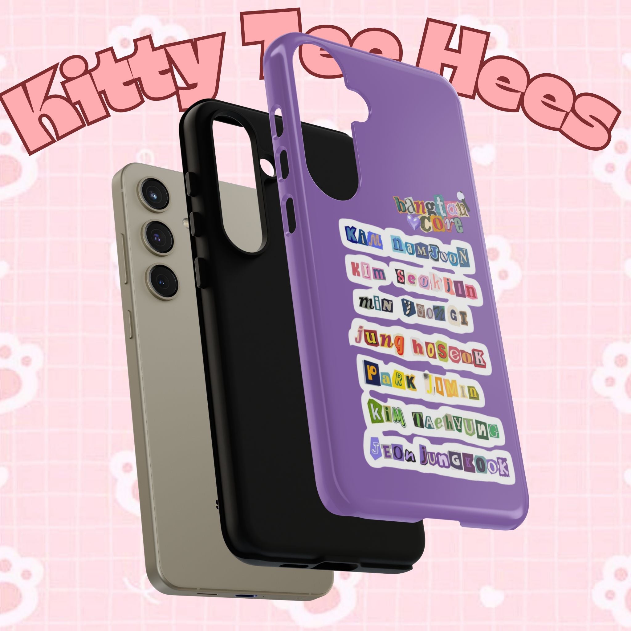 Custom BTS member names phone case for iPhone 17 featuring Jungkook, Jimin, and Rap Monster with tough protective design.