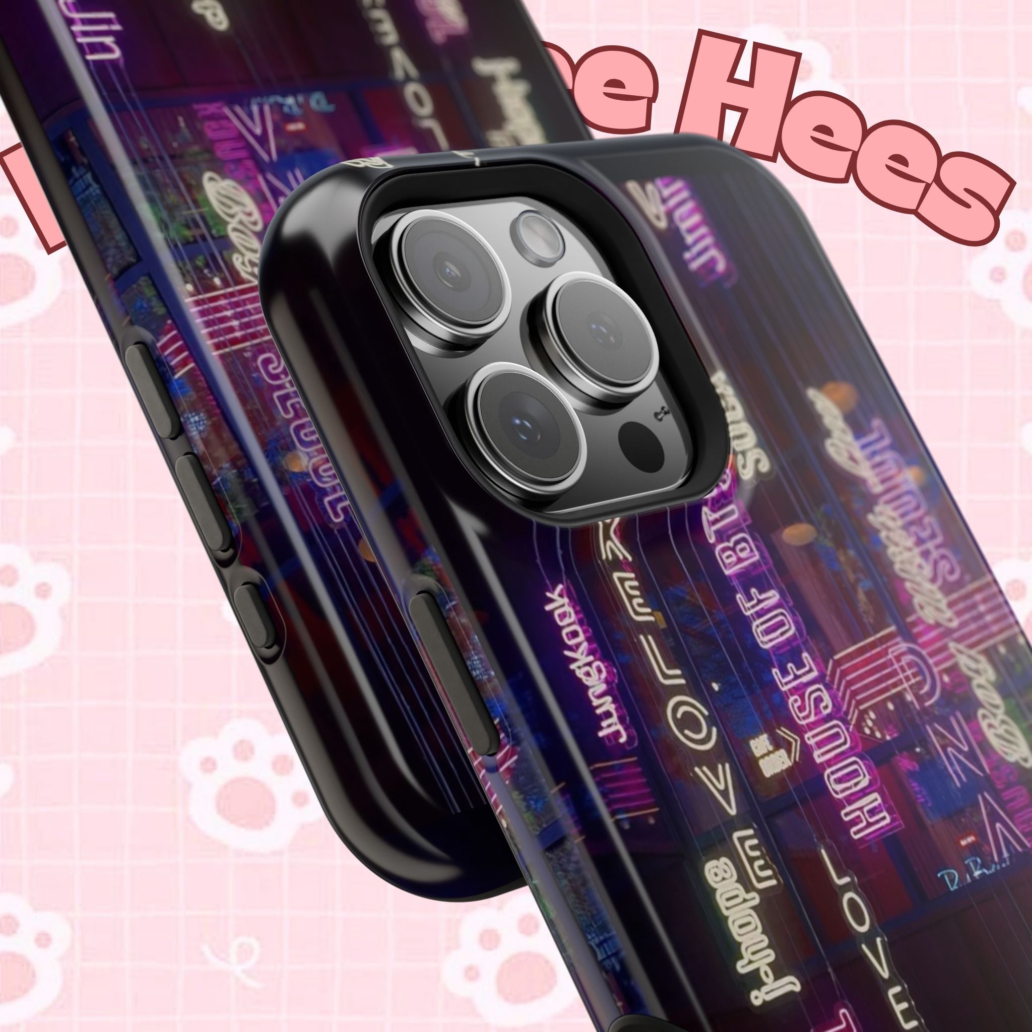 Neon Korean script BTS phone case for iPhone and Samsung, impact-resistant design with Bangtan Sonyeondan branding.