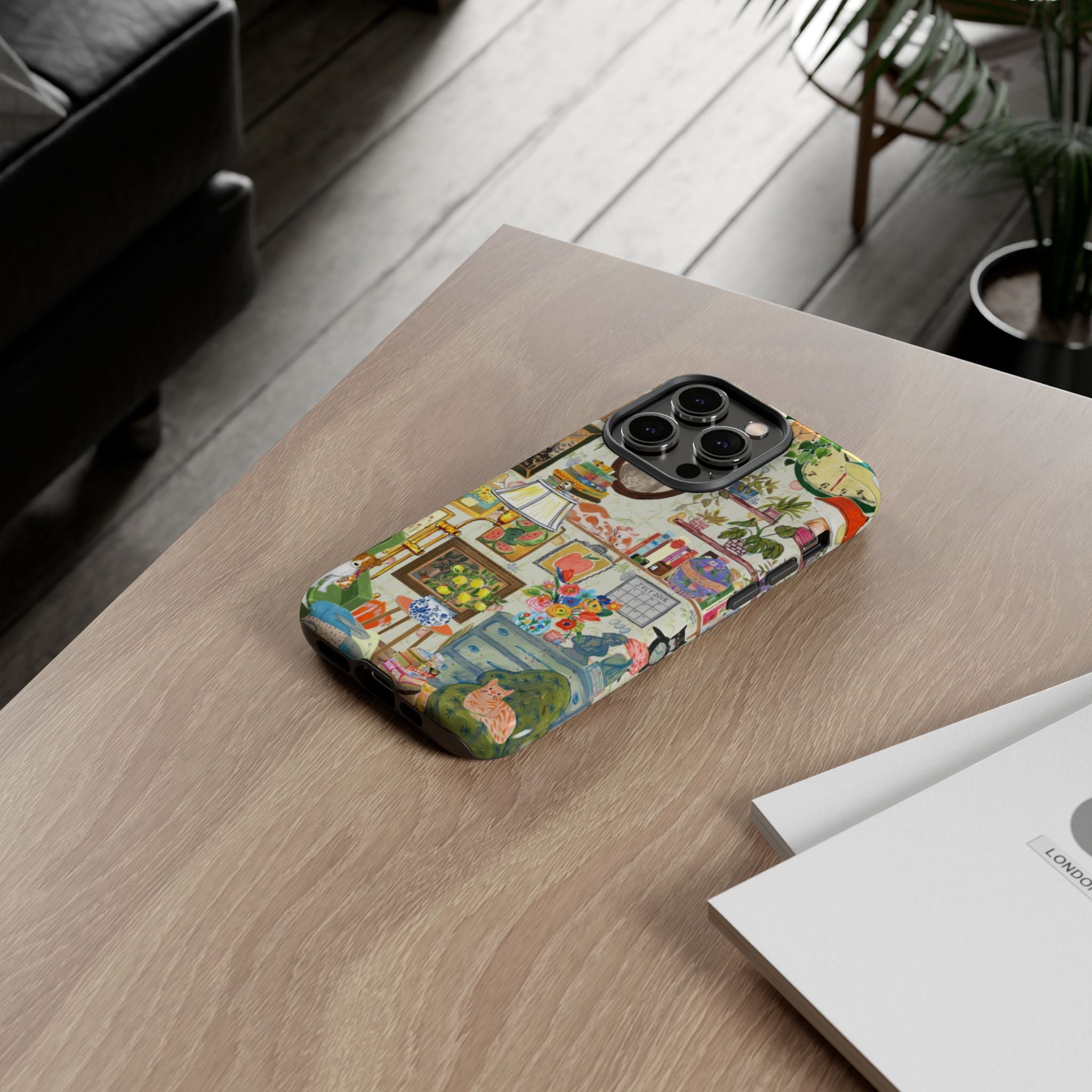 Cute cat portrait phone case for iPhone 17 by Printify, featuring a cozy living room pet home design with stylish details.