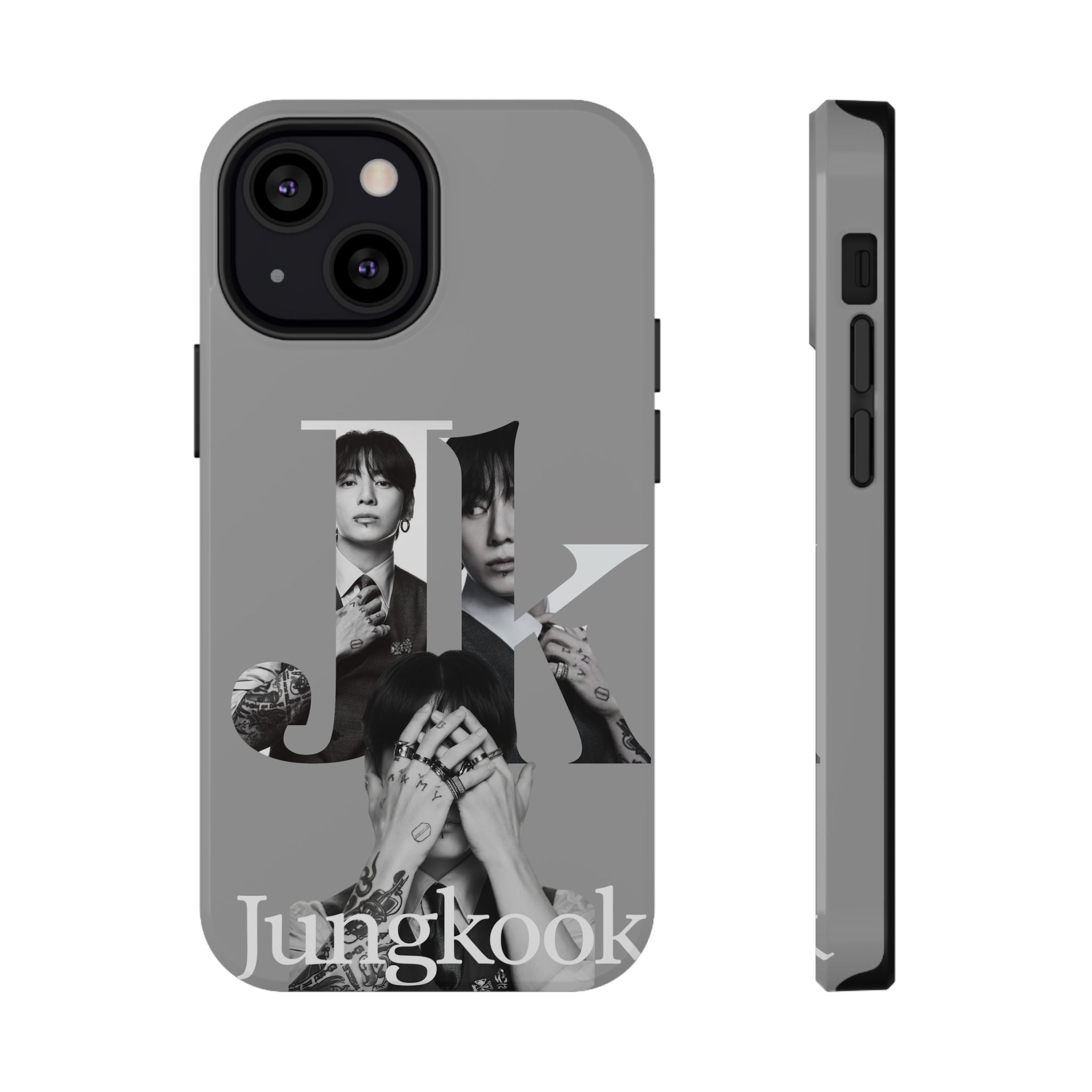Monochrome BTS Jungkook phone case by Printify featuring impact-resistant design and bold letter graphics for Galaxy or iPhone.