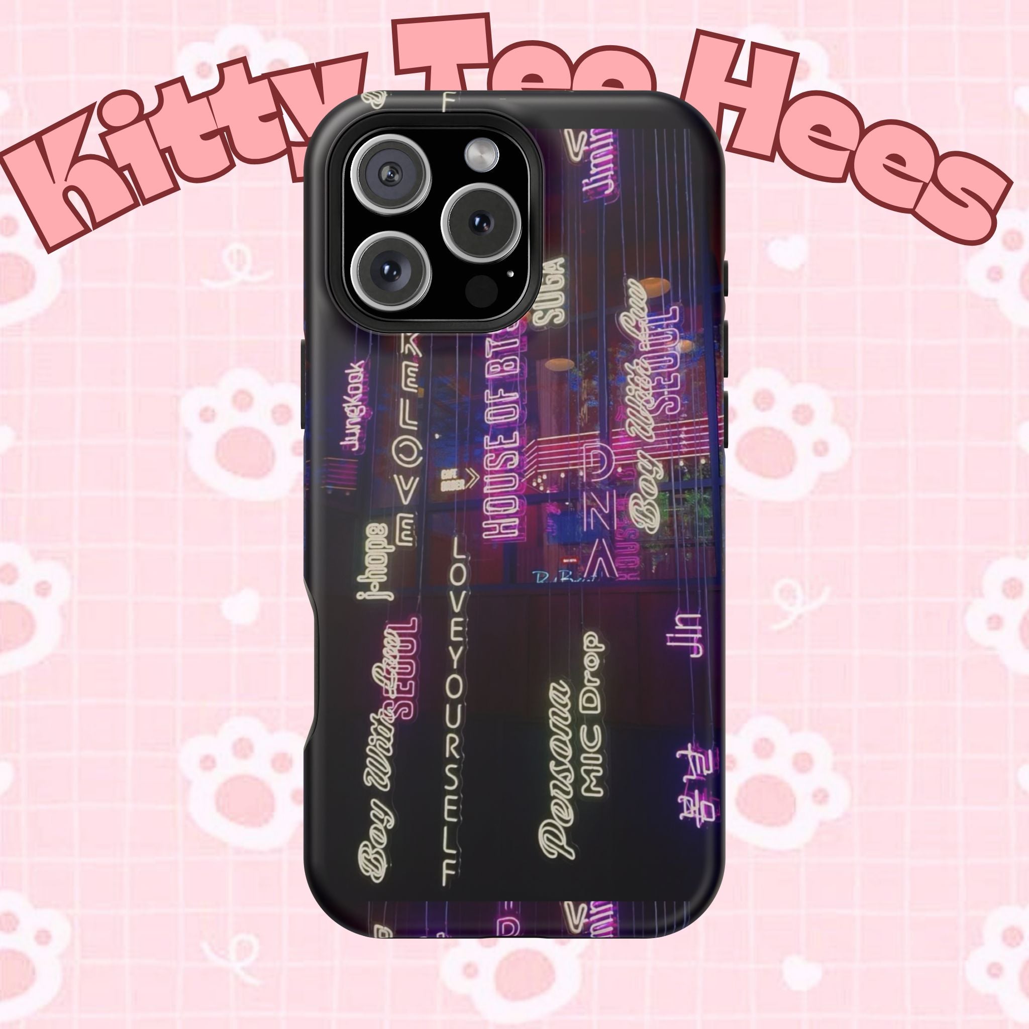Neon Korean script BTS phone case for iPhone and Samsung, impact-resistant design with Bangtan Sonyeondan branding by Printify