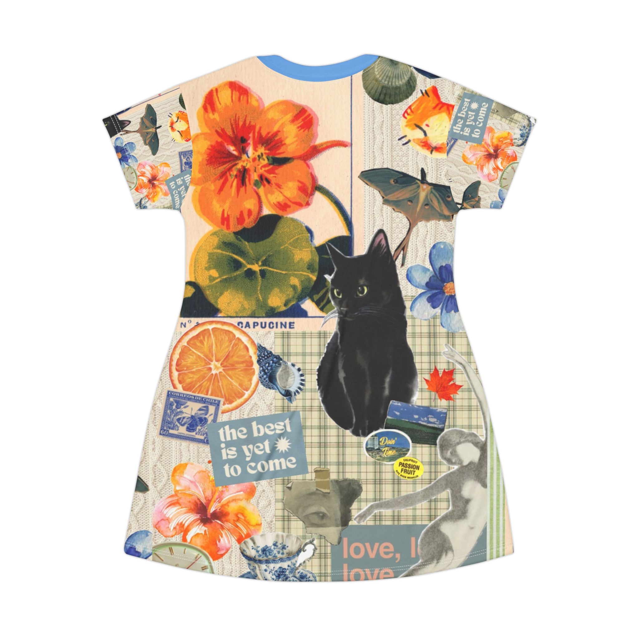 Blue and orange cat-themed T-shirt dress with floral all-over print, casual wear for cat lovers by Printify