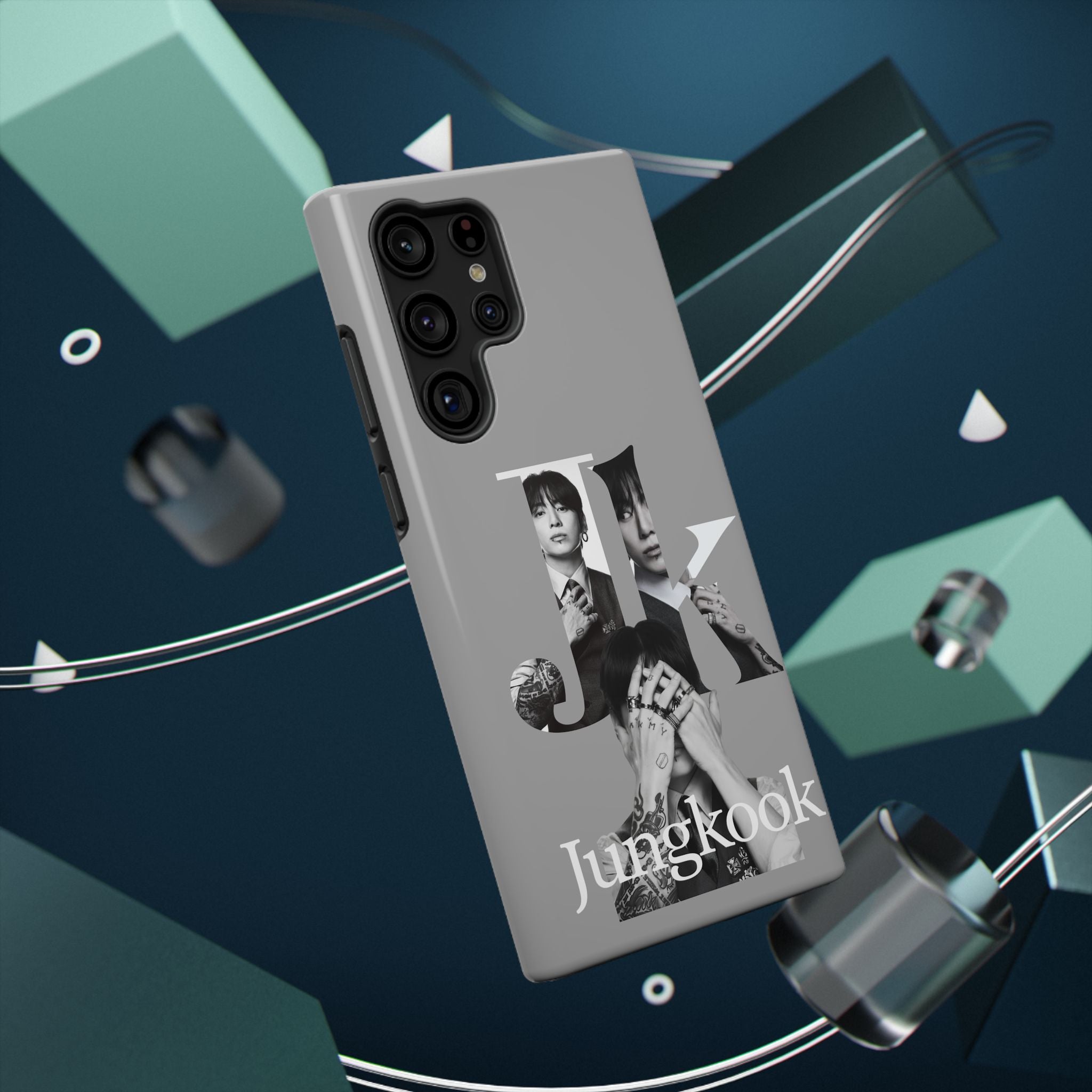 Monochrome BTS Jungkook phone case with impact-resistant design featuring bold letter and portrait of Jungkook for a Samsung or iPhone.
