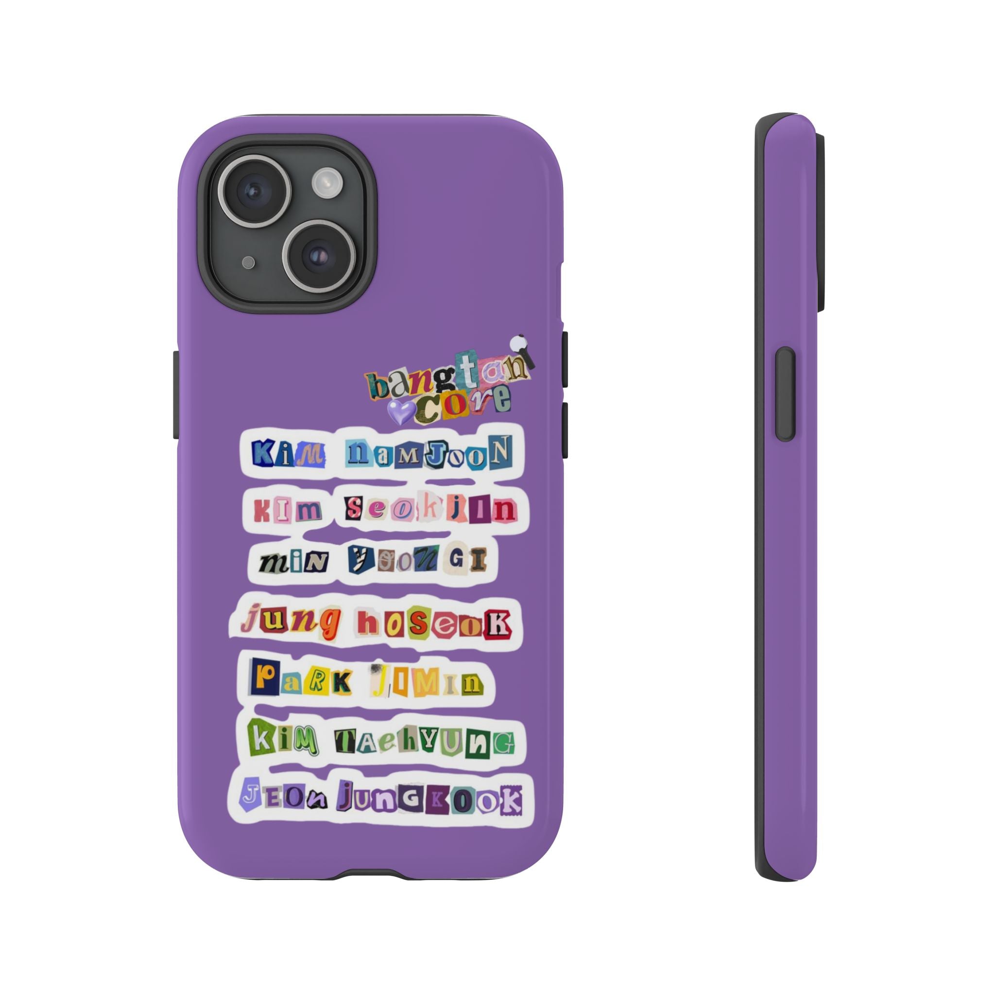Printify BTS member names phone case featuring Jungkook, Jimin, Rap Monster for iPhone 17, durable and stylish Bangtan Boys accessory.