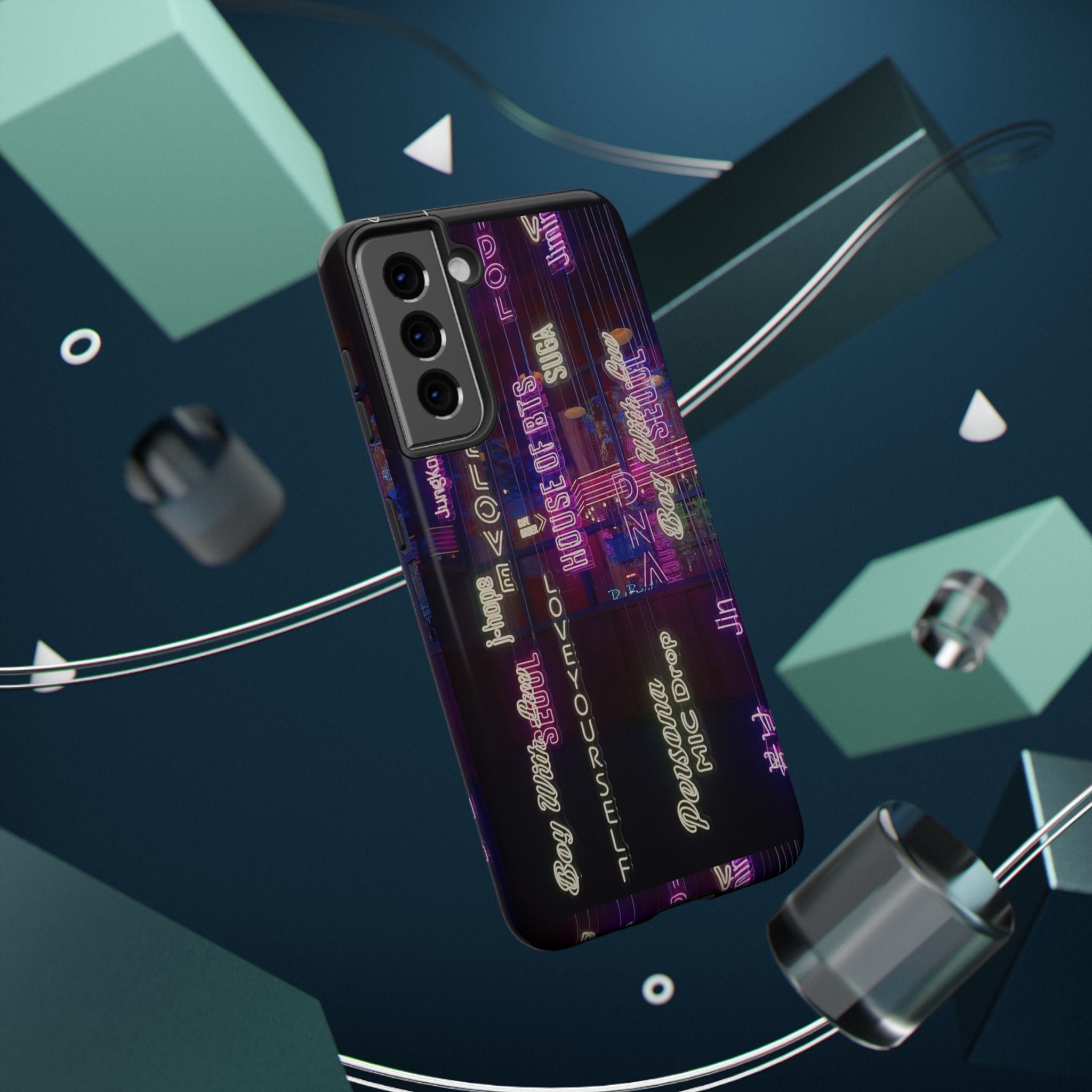 Neon Korean script BTS phone case for iPhone and Samsung, impact-resistant design featuring Bangtan Sonyeondan branding.