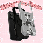 Monochrome BTS Jungkook phone case with letter design, impact-resistant Printify phone case featuring Jungkook from BTS.