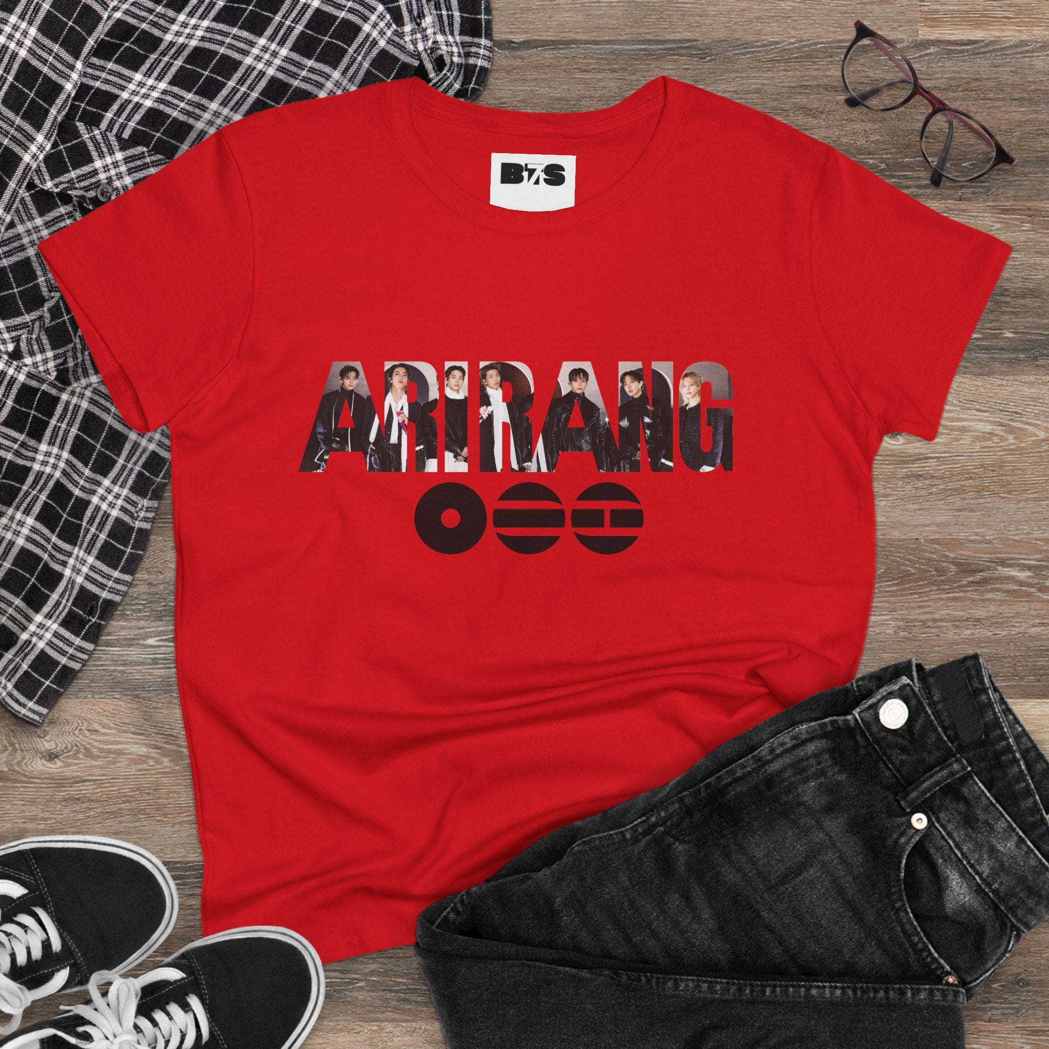 BTS ARIRANG graphic T-shirt featuring BTS logo and member names, casual cotton tee in vibrant colors.