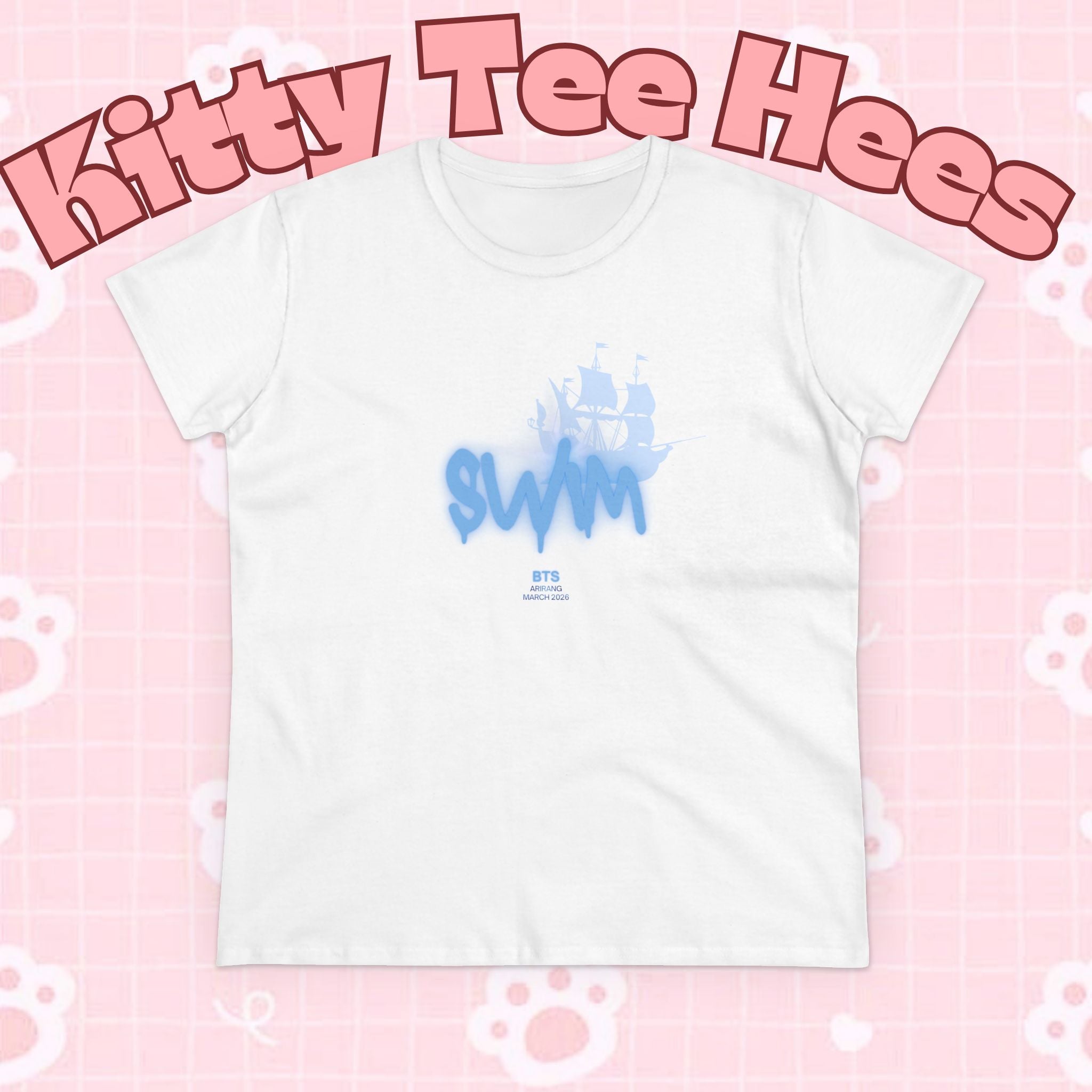 Women's BTS Sailboat Script Logo T-shirt featuring concert-themed design, cotton fabric, ideal for fans of Bangtan World Tour.