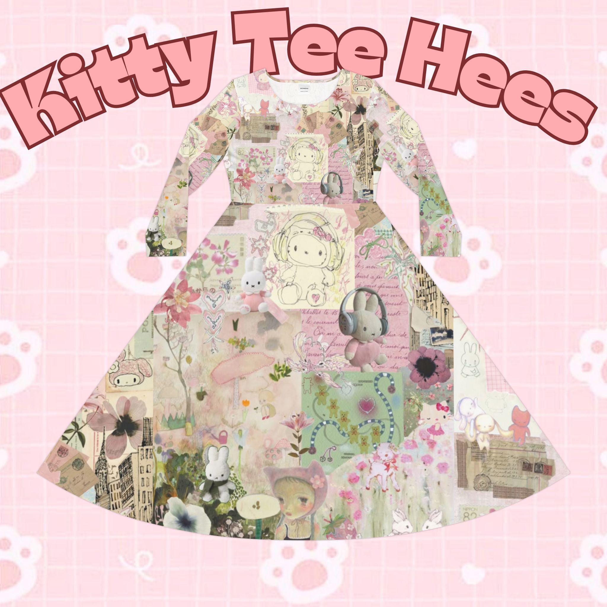 Hello Kitties Long Sleeve Dress, Floral Dance Party Dress - Kitty TeeHees